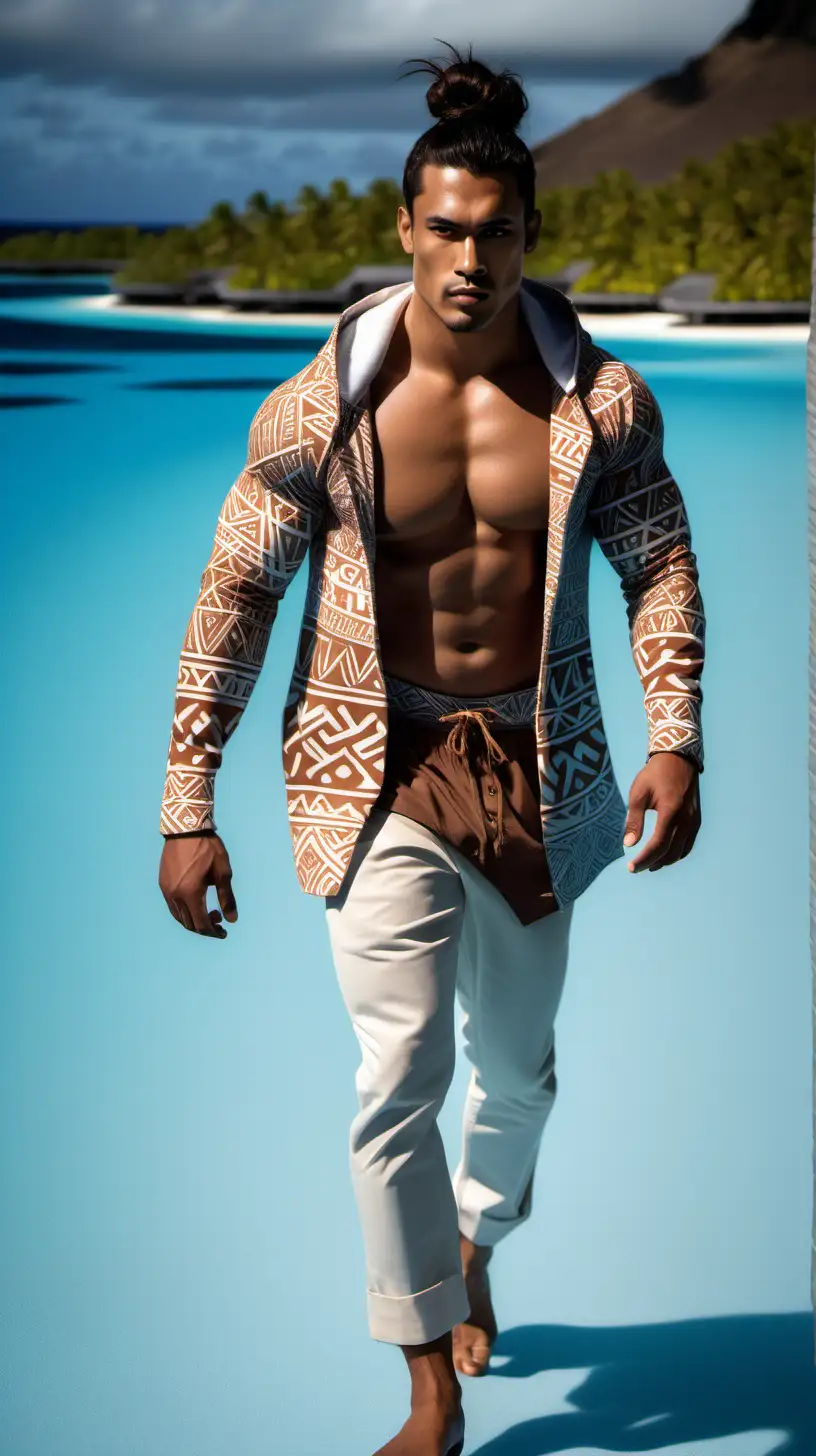 Polynesian Male Model in Tapa Design Vest Hoodie Walking Above