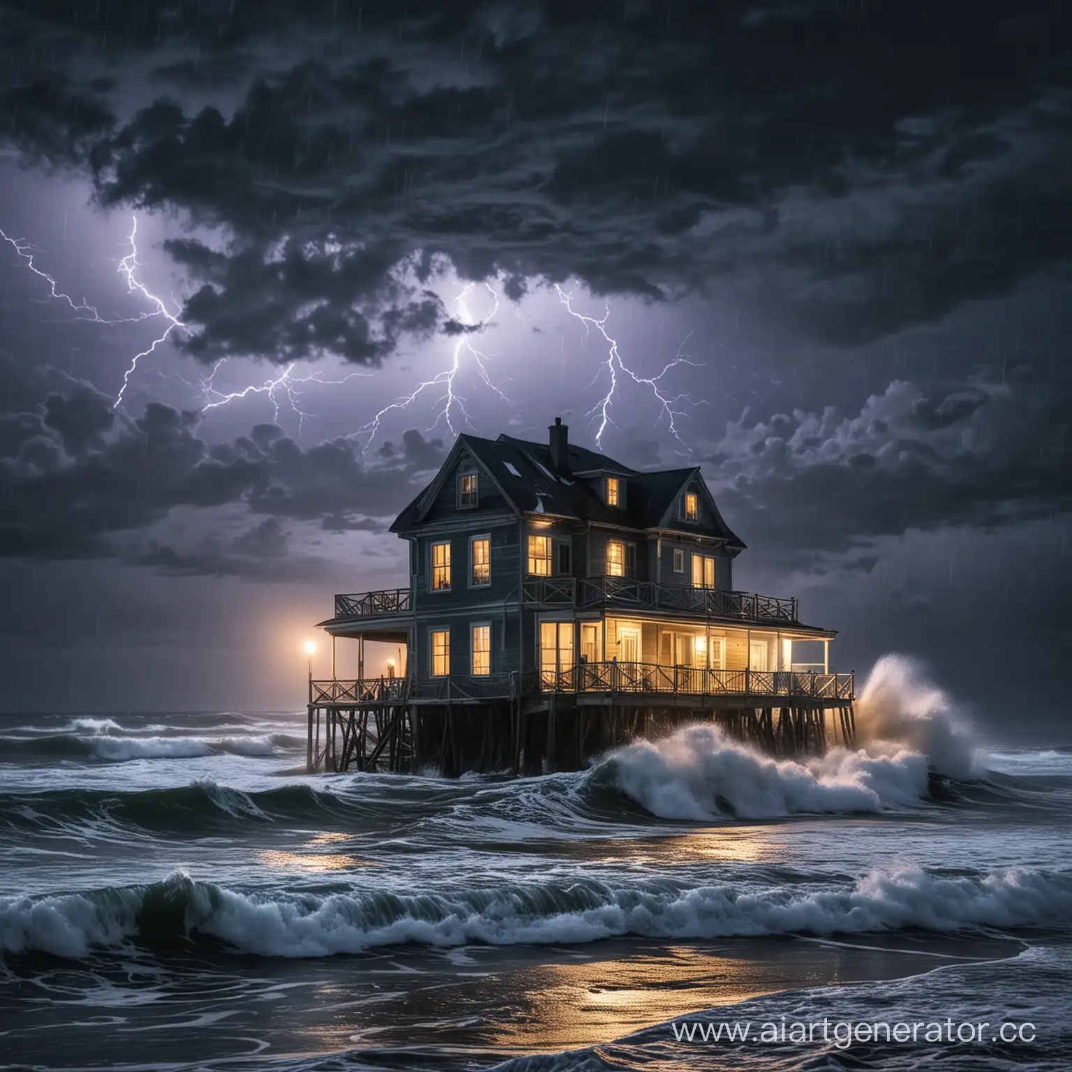 дом на берегу океана во время морского шторма ночью