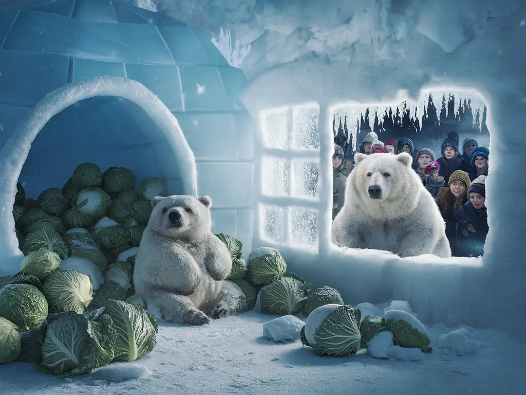 Arctic-Igloo-with-Cabbage-Stack-and-Curious-Bear-Watching-Visitors