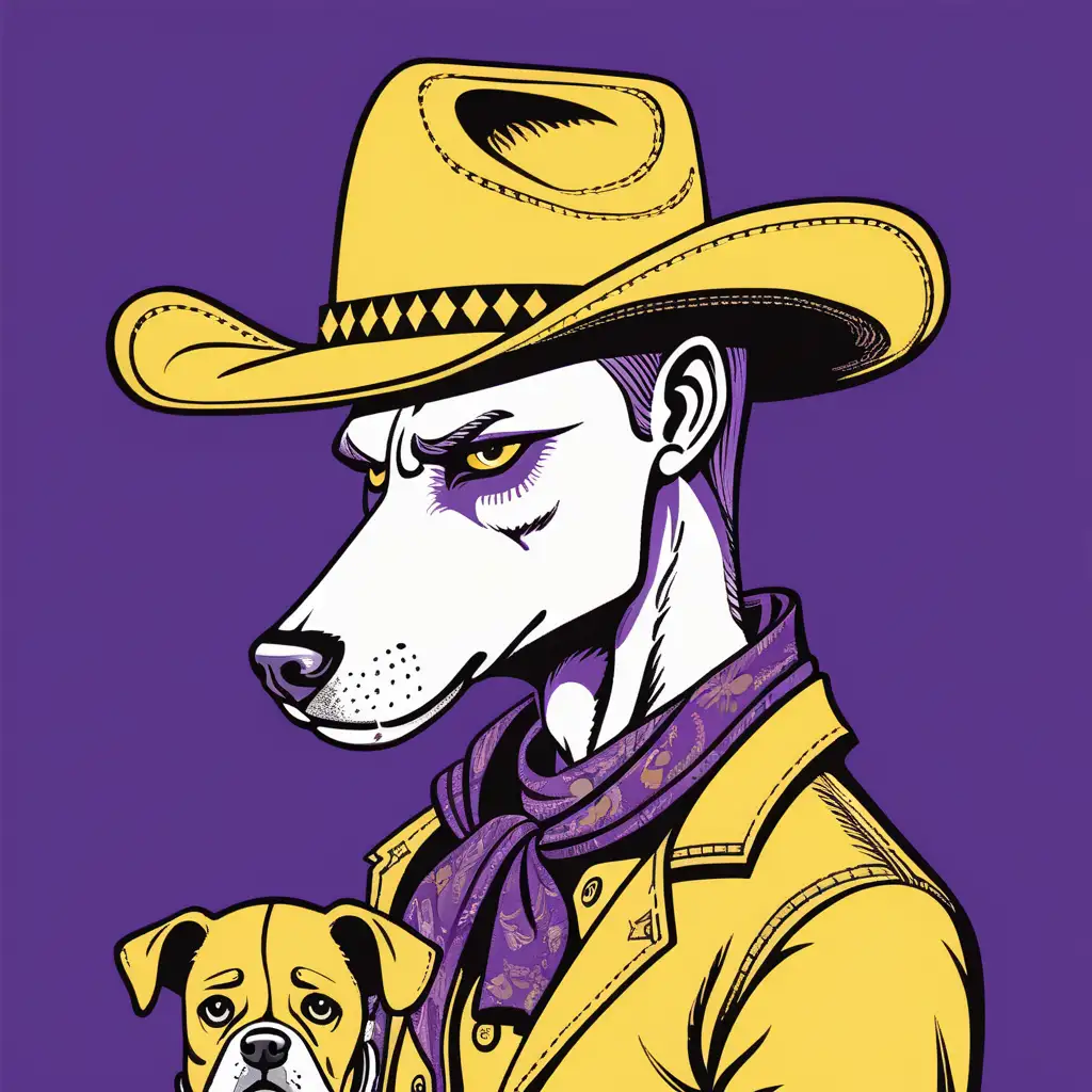 Unique Cowboy Featuring Dogs Face in Guy Billout Style Vibrant Purple Yellow and Black Palette