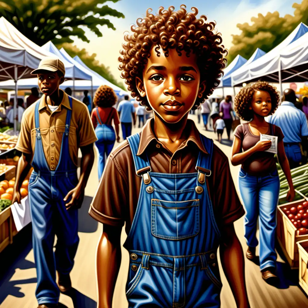 Ernie Barnes style cartoon 10 year old african american boy with curly hair and brown overalls with blue shirt walking with parents at the farmer's market
