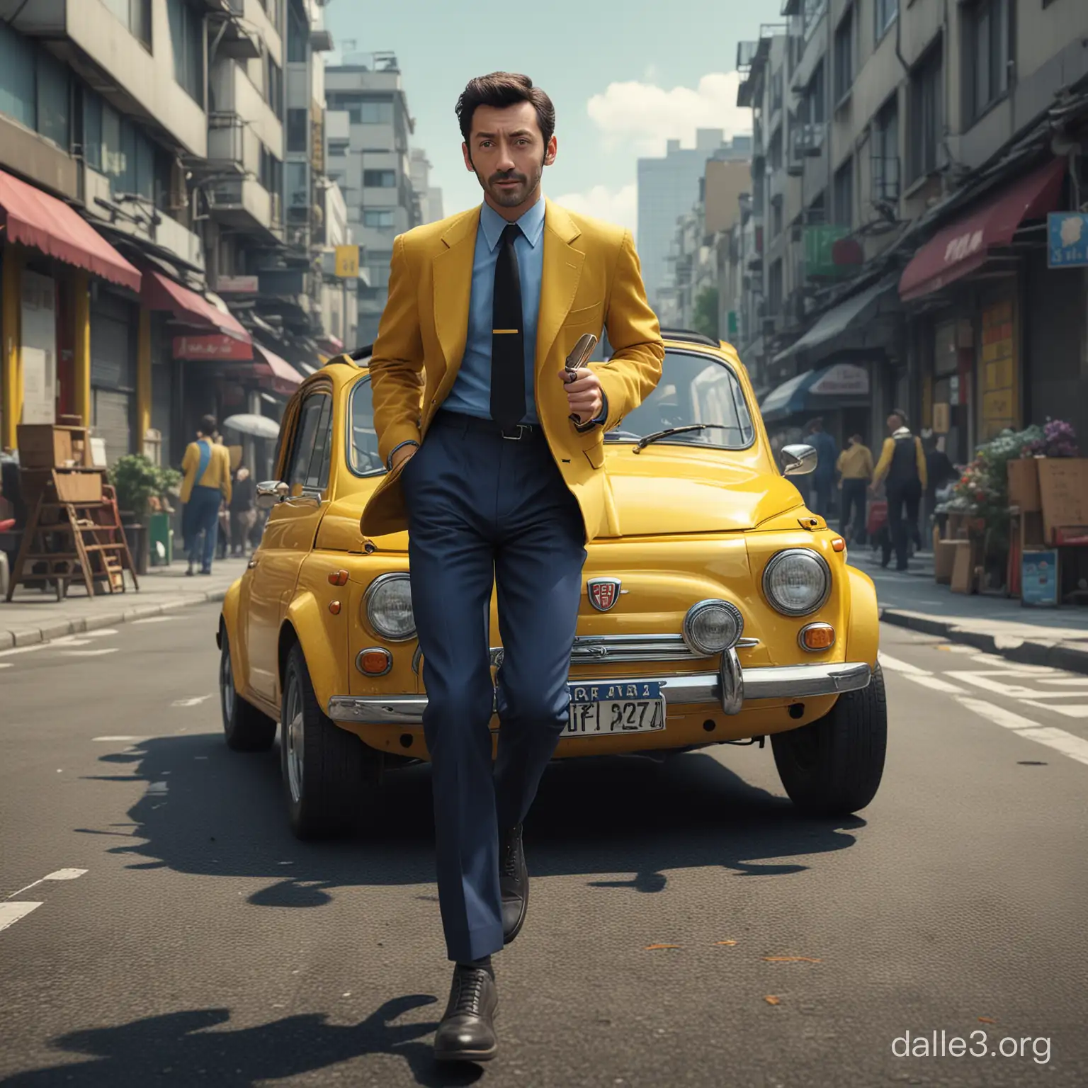  crea foto ultra realistica di Lupin 3 che corre , sfondo Tokyo, giacca rossa, camicia blu, cravatta gialla, pantaloni neri, pistola in mano, fiat 500 gialla