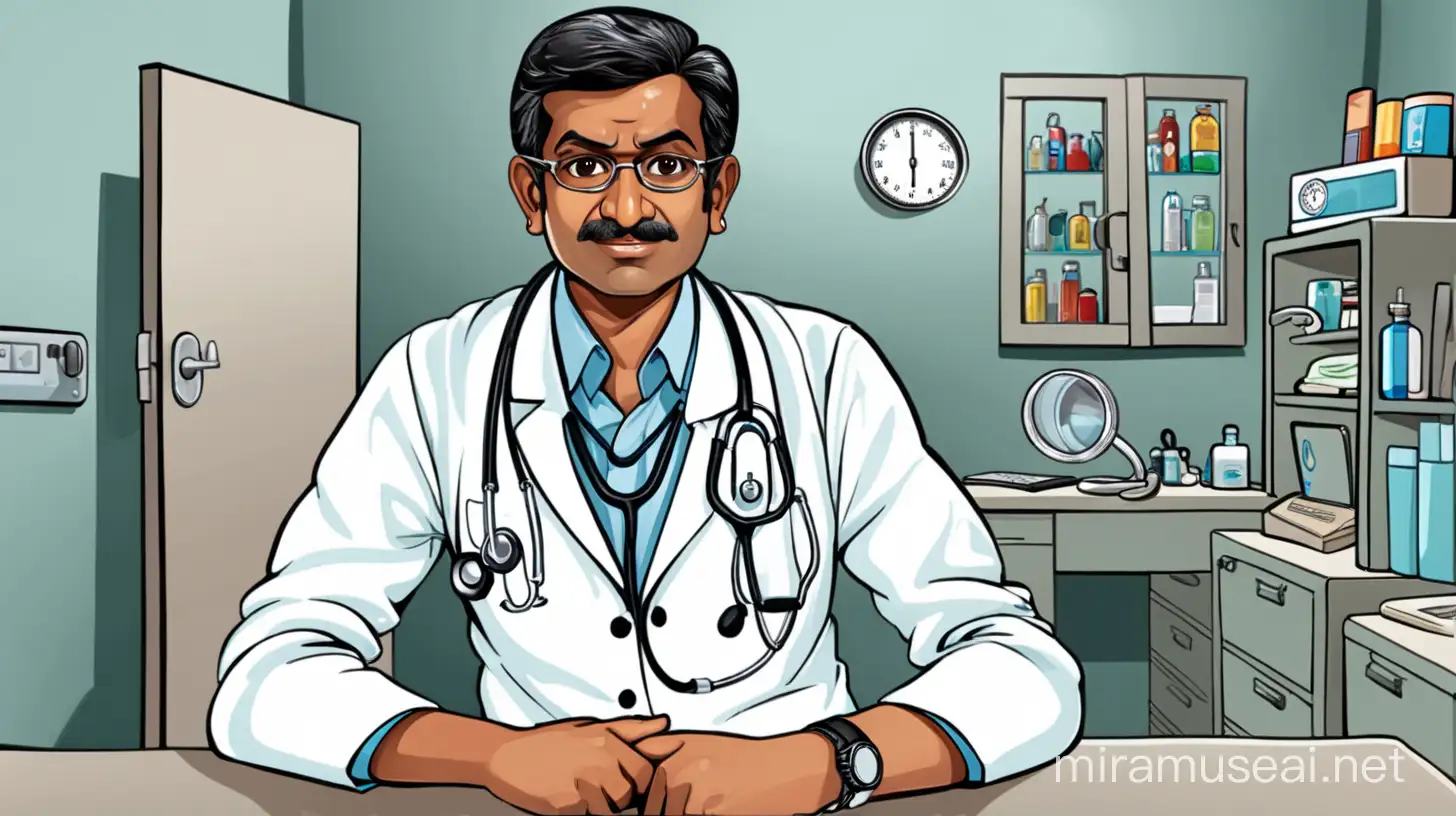 Indian Cartoon Doctor in Clinic with Stethoscope