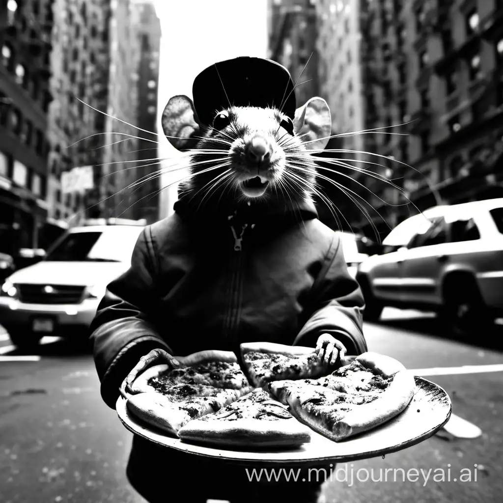 nyc rat with pizza black and white