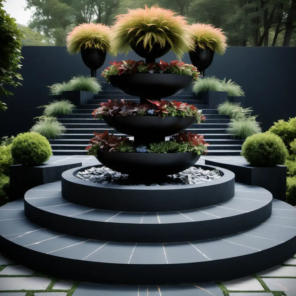 jardiniere ronde avec 3 socles superposés, escalier avec marches au centre, marches en verre, schiste