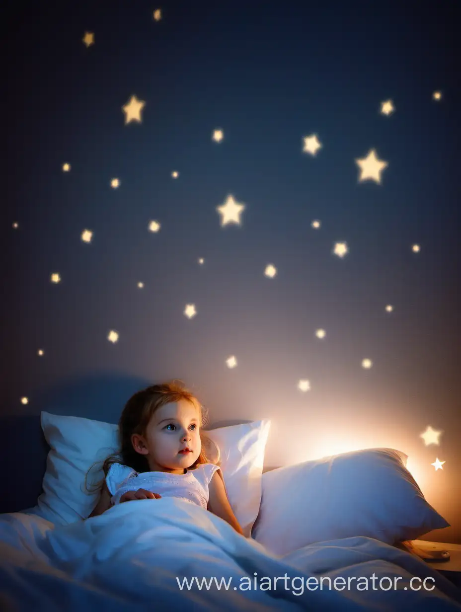Маленькая девочка в комнате, в кровати вечером, перед сном, рядом стена, на которой светящиеся звездочки