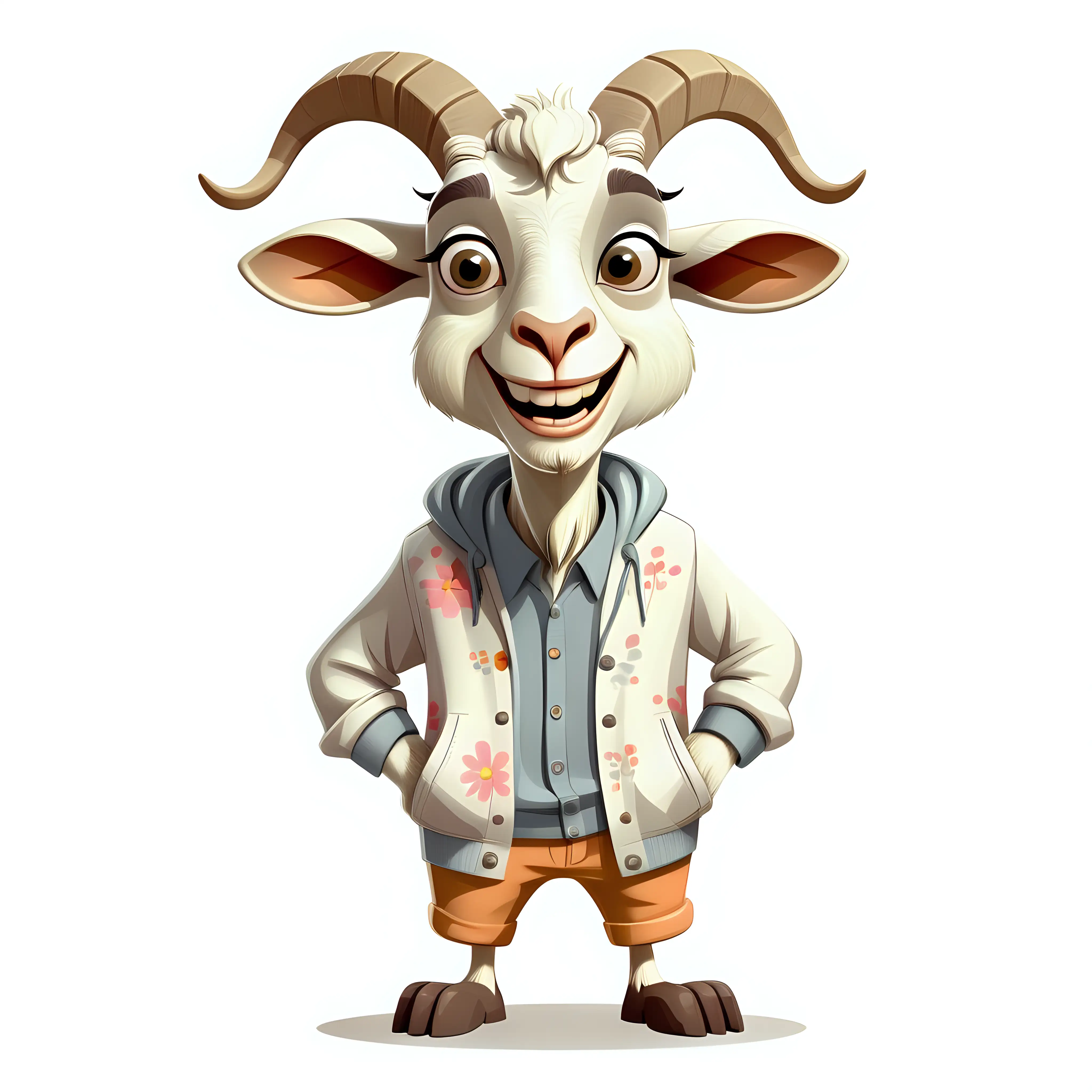 a funny goat in cartoon style with spring clothes full body clipart with white background