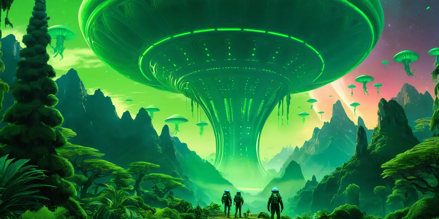 Exploring a Neon Green Alien Forest Futuristic Spacesuits Encounter Exotic Flora and Wildlife