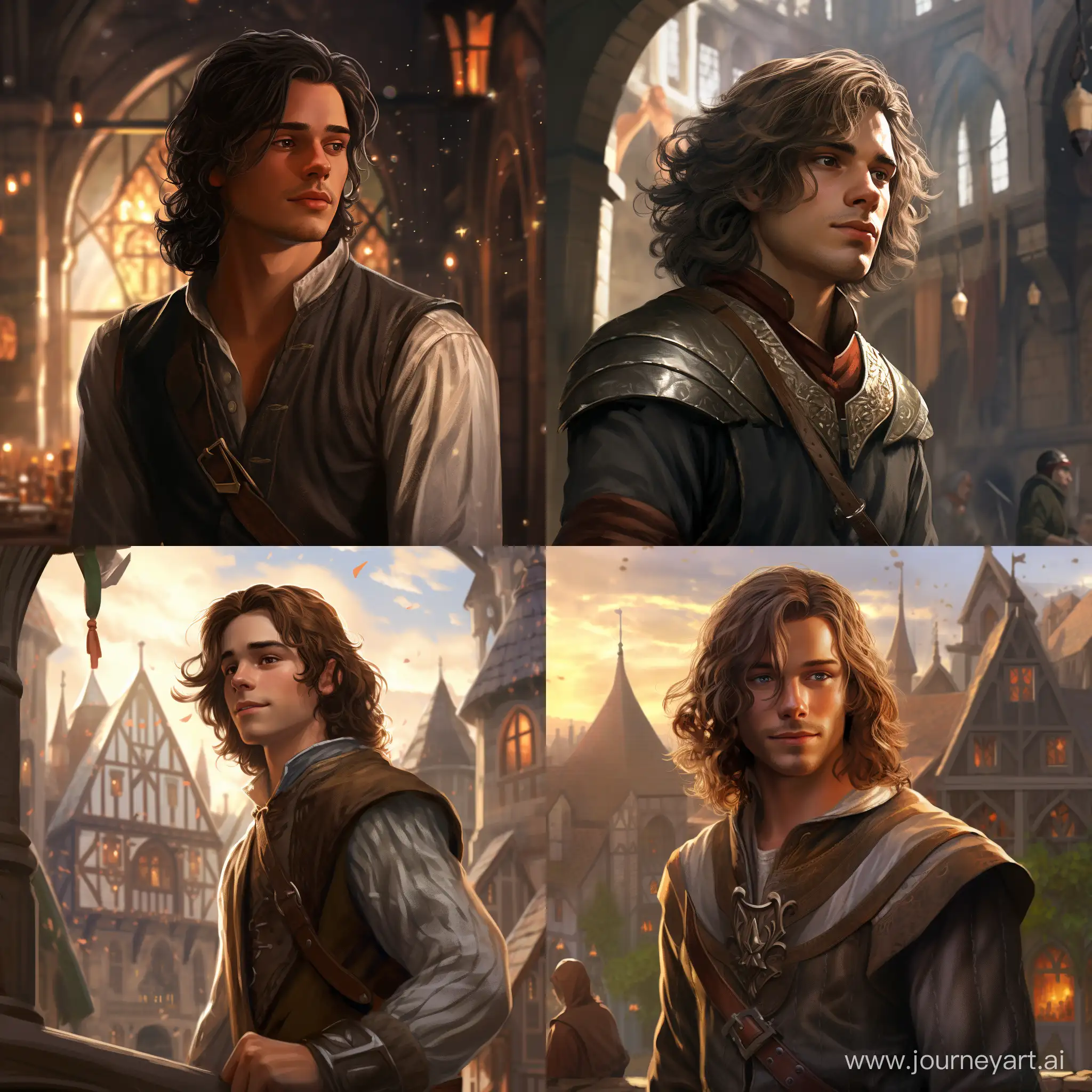 viceroy son with a crystal
shining brightly hanging around the
neck,
 22 years old, face with
wrinkles, long brown hair, no beard,round
nose, grey eyes, medieval city, fantasy, realistic,
digital art, 4k, fantasy,v5