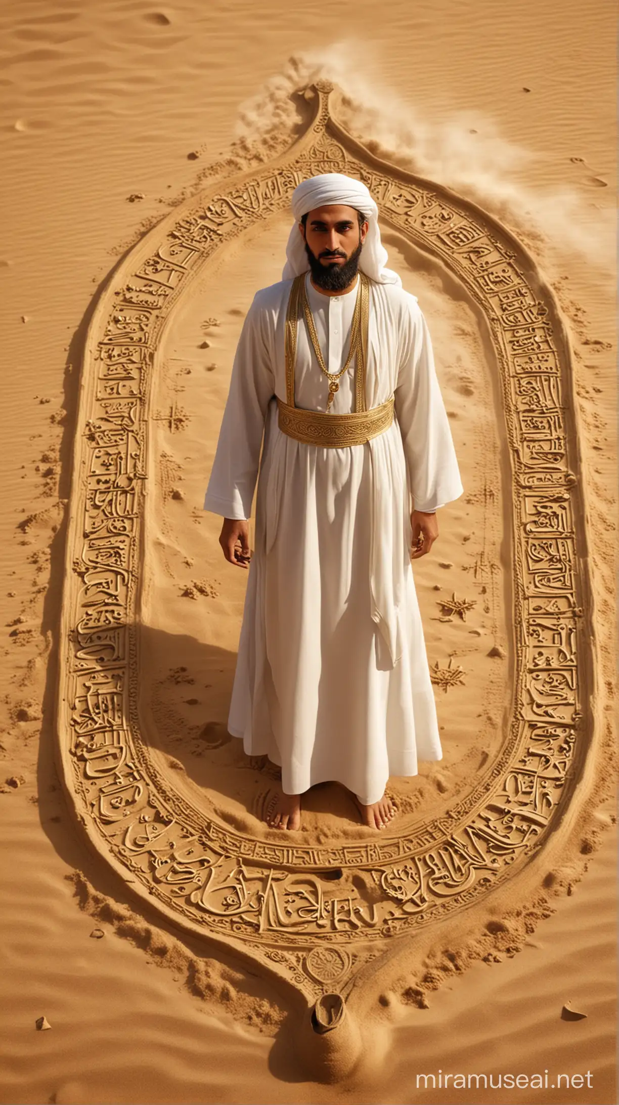 Prophet Muhammad Crafting Constitution of Medina Amidst Radiant Aura in Arabian Sands