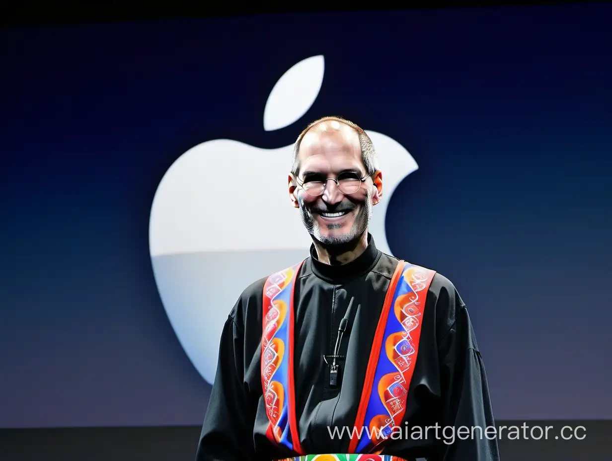 Steve Jobs в национальном Монгольском костюме улыбается, на фоне логотип Apple, фото реалистичное, 4K
