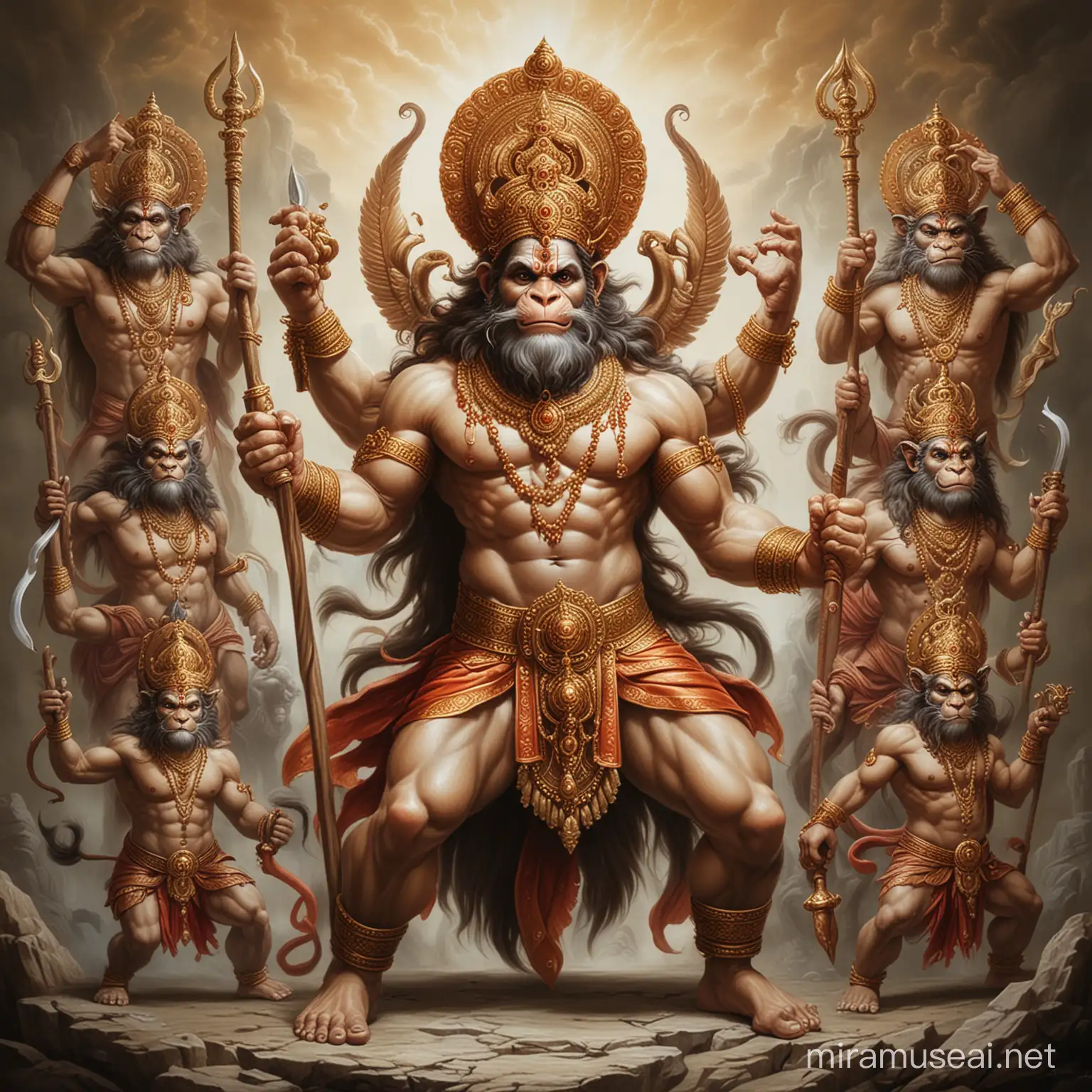 A detailed airbrush  depiction of Panchmukhi Hanuman, the five-faced form of the monkey god Hanuman, often associated with Hindu mythology. Each of his five faces is unique, representing different aspects and forms. From the left, his faces symbolize Hayagriva (horse), Narasimha (lion), Garuda (eagle), Varaha (boar), and his own, Hanuman. He is in a standing pose, with ten arms, each carrying a different weapon or divine object. white backdrop