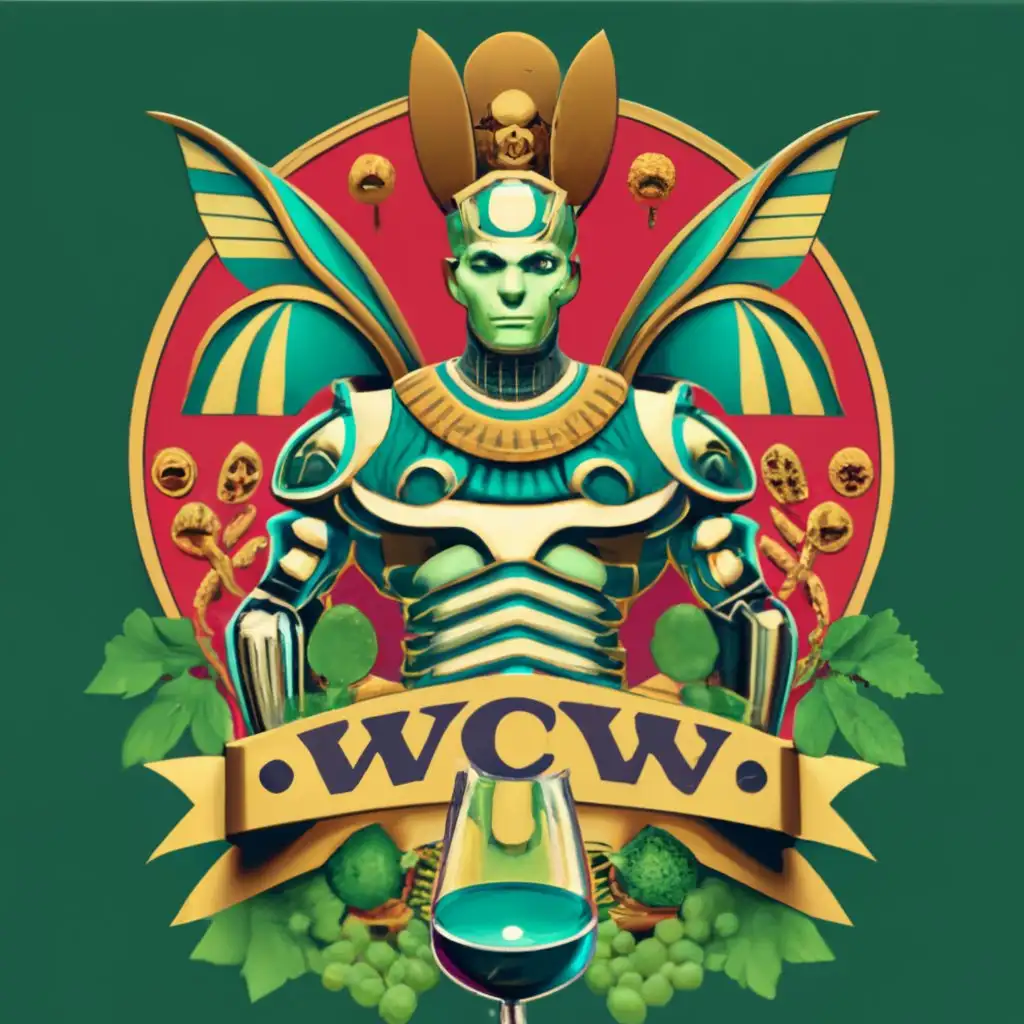 logo, photorealistic, emblem, patch, logo, wine glass grapes, grape field, sphinx, emerald, pyramids, Thoth the atlantean depicted as part robot wearing polished armor and having a snakes head , with the text "WCW", typography, be used in Retail industry