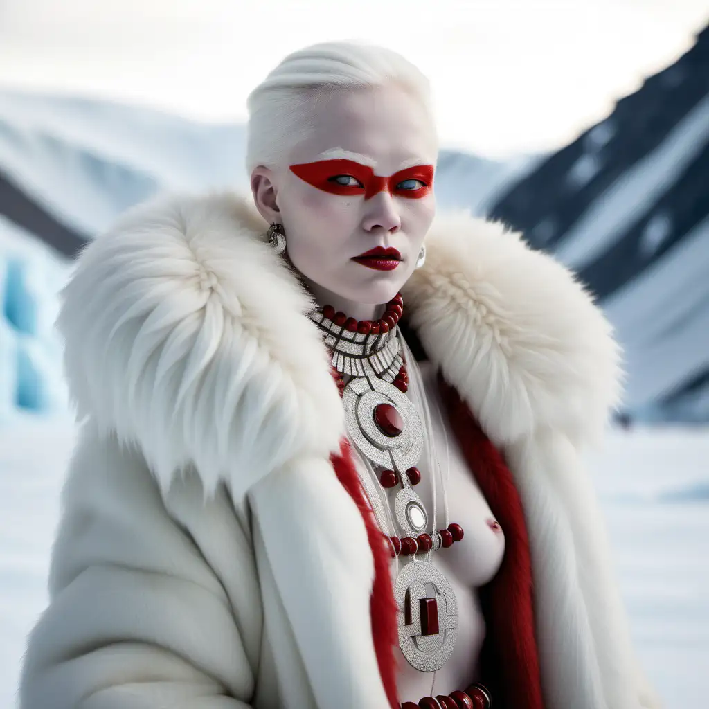 Arctic Fashion Extravaganza Albino Lady in Red Fur Coat and Bold Jewelry