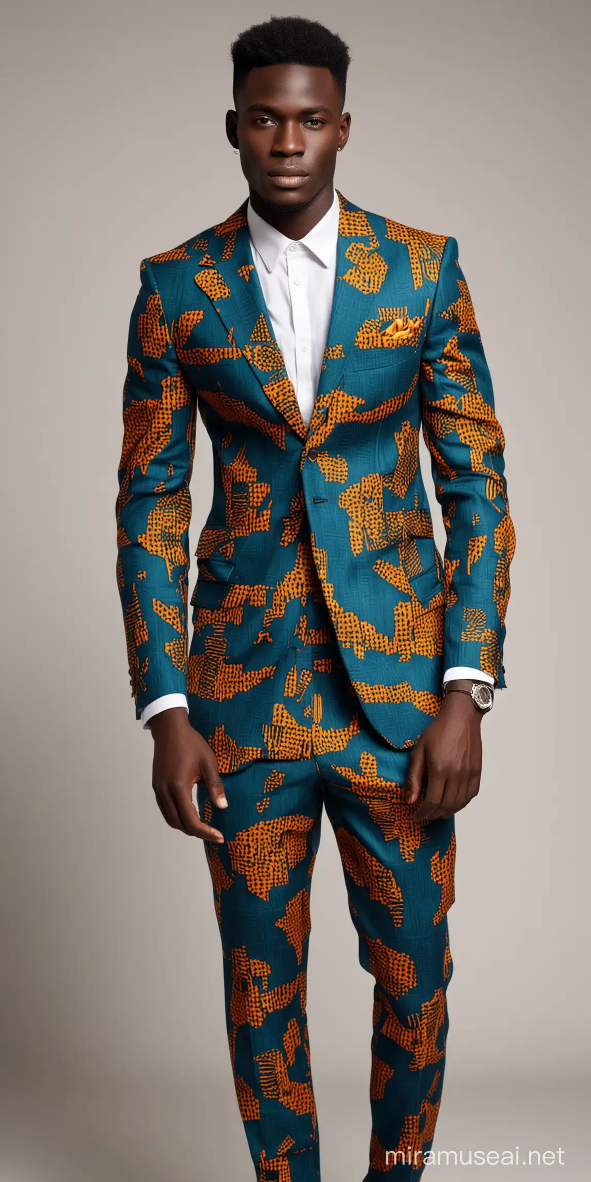 An African male model wearing a suit made with Ghanian print.