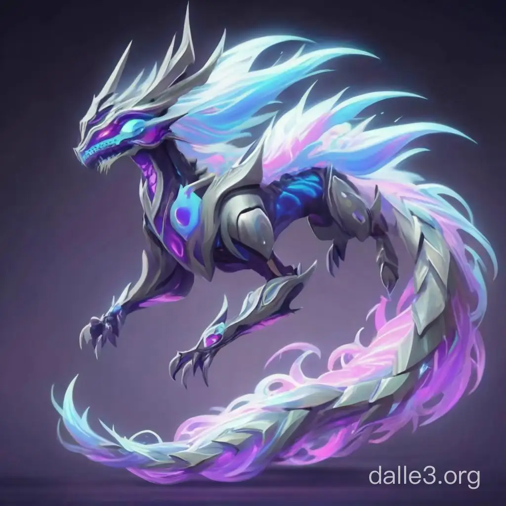 Kindred from League of legends like holographic cybernetic future dragon, full growth