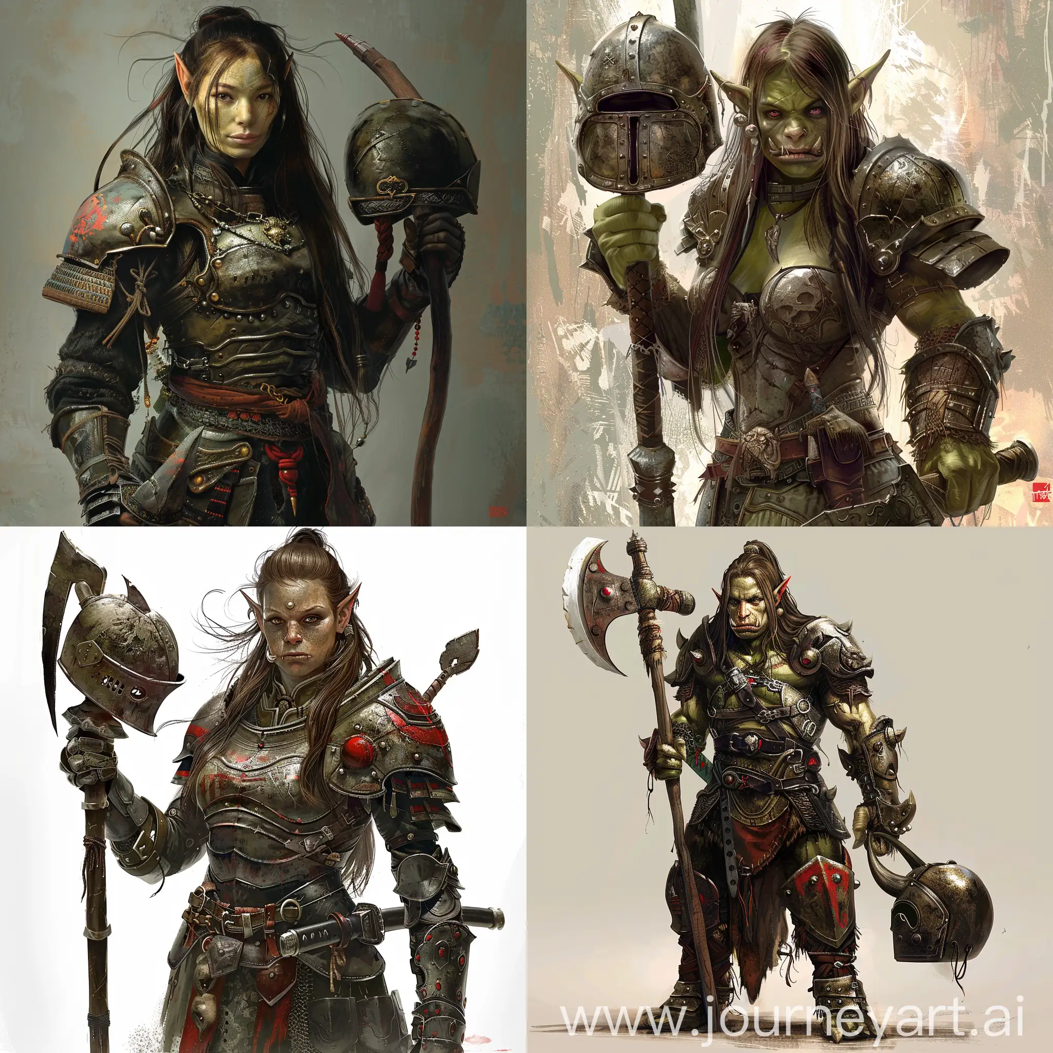 Orc, knight, wielding halberd, wearing samurai heavy armor, holds helmet in hand, detailed, HD, young, beautiful face, long hair