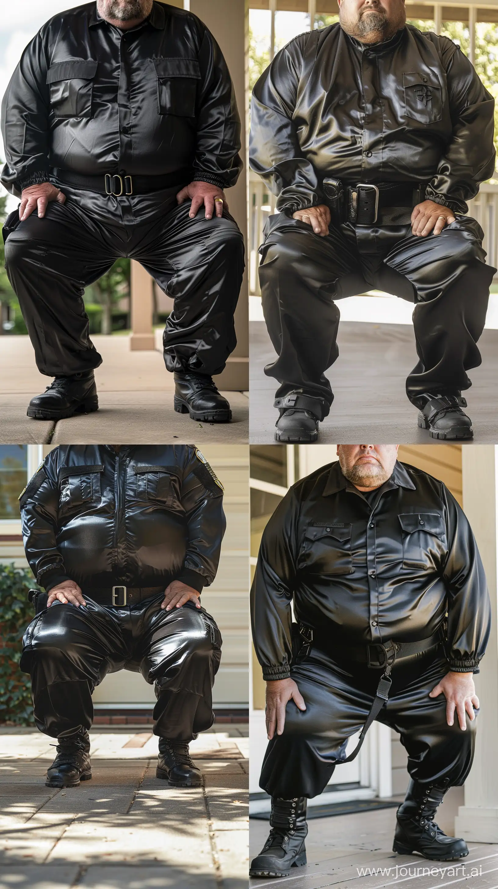Front view close-up photo of a fat man aged 60 wearing silk black security guard battle tight coverall. Heavy black tactical belt and boots. Both knees on the floor. Outside. Summer. Noon. --ar 9:16
