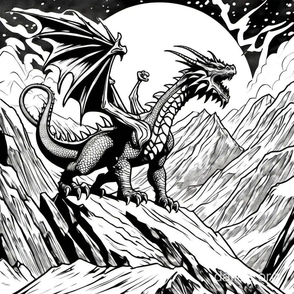 person preparing to fight a dragon on top of a mountain in a blizzard coloring page