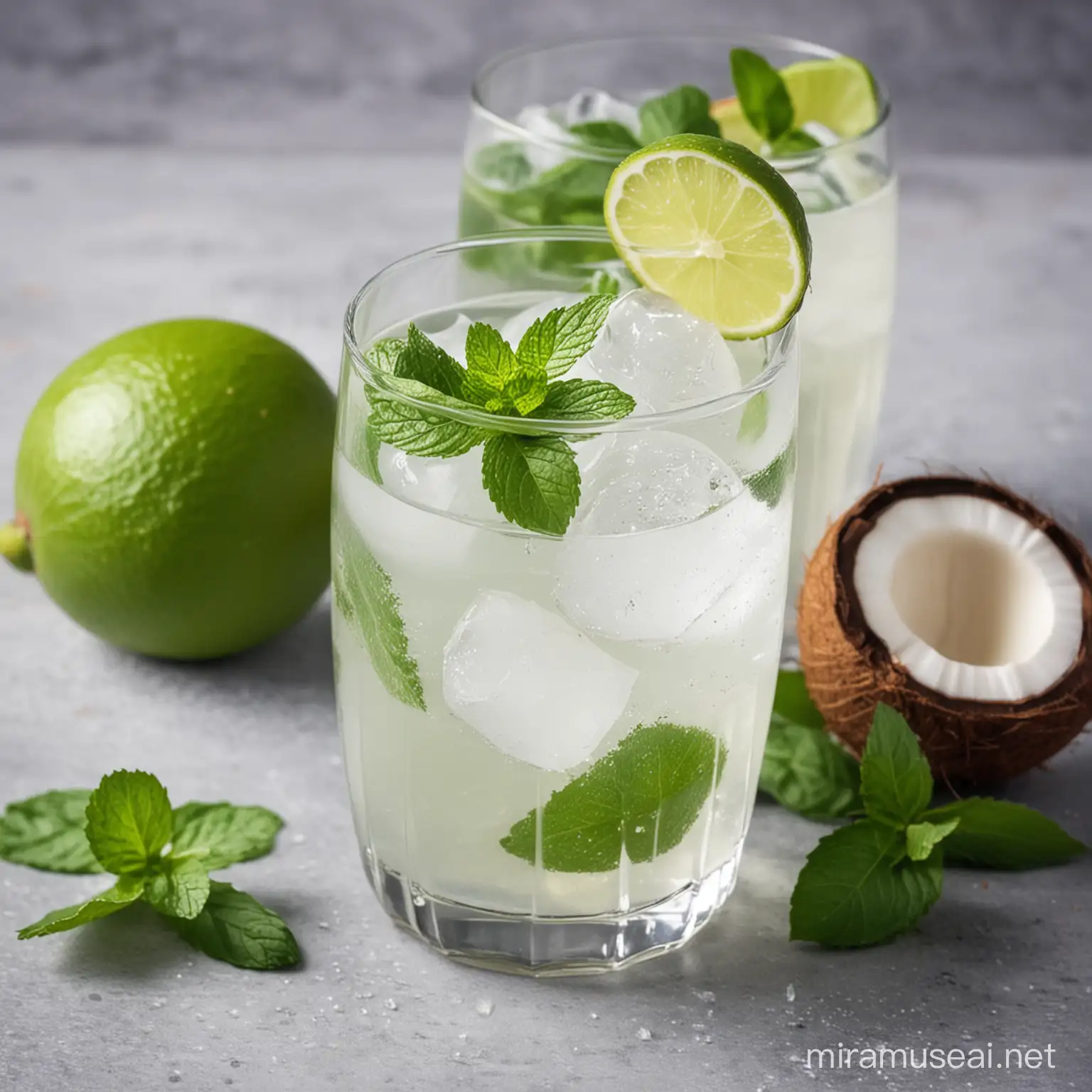 Refreshing Coconut Water and Lime Drink with Fresh Mint Leaves and Ice