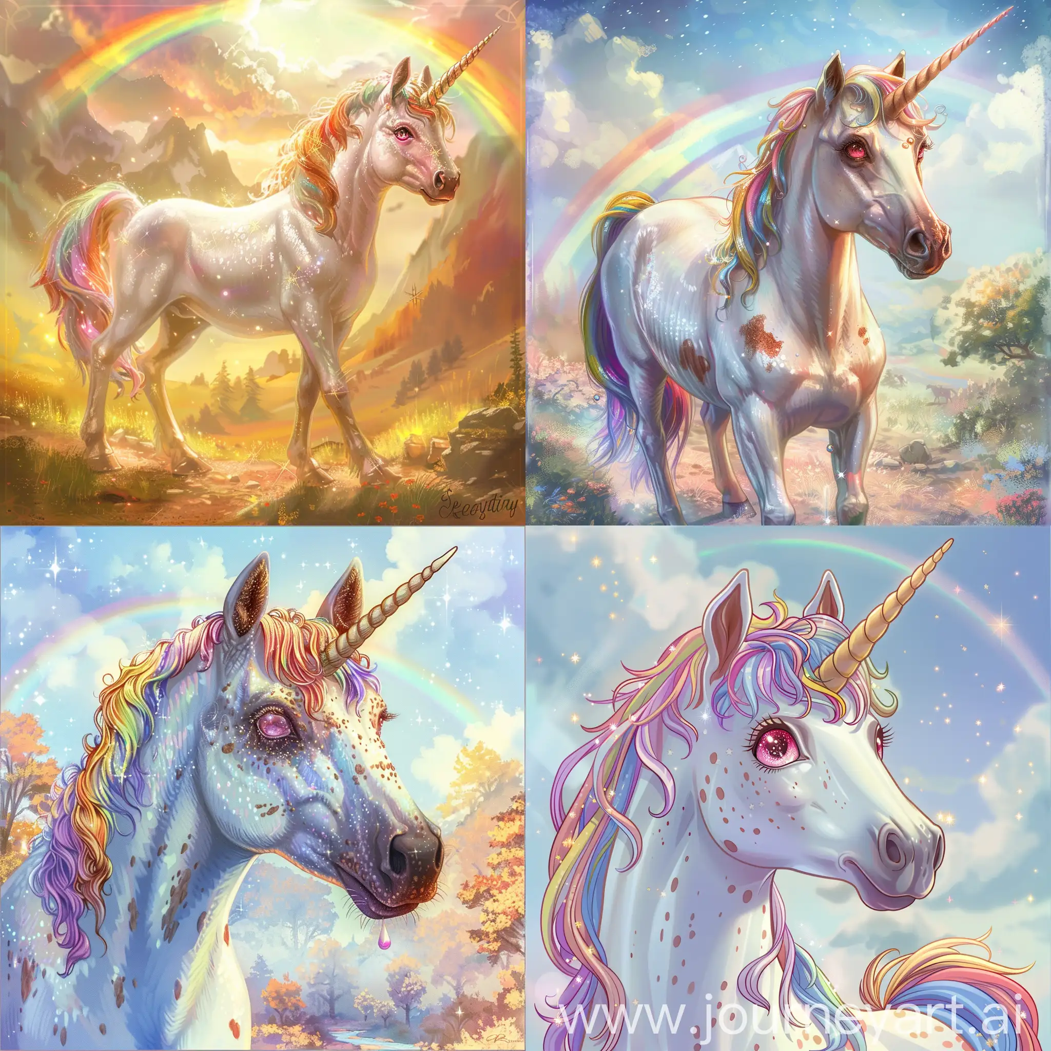 In the enchanted land of Everglow, where rainbows danced across the sky and stars twinkled in the daylight, lived a very young unicorn named Starlight. With her shimmering white coat, with few brown spots, pink eyes, rainbow  mane, rainbow tail,a horn that sparkled like the morning dew, Starlight was full of curiosity and bravery.