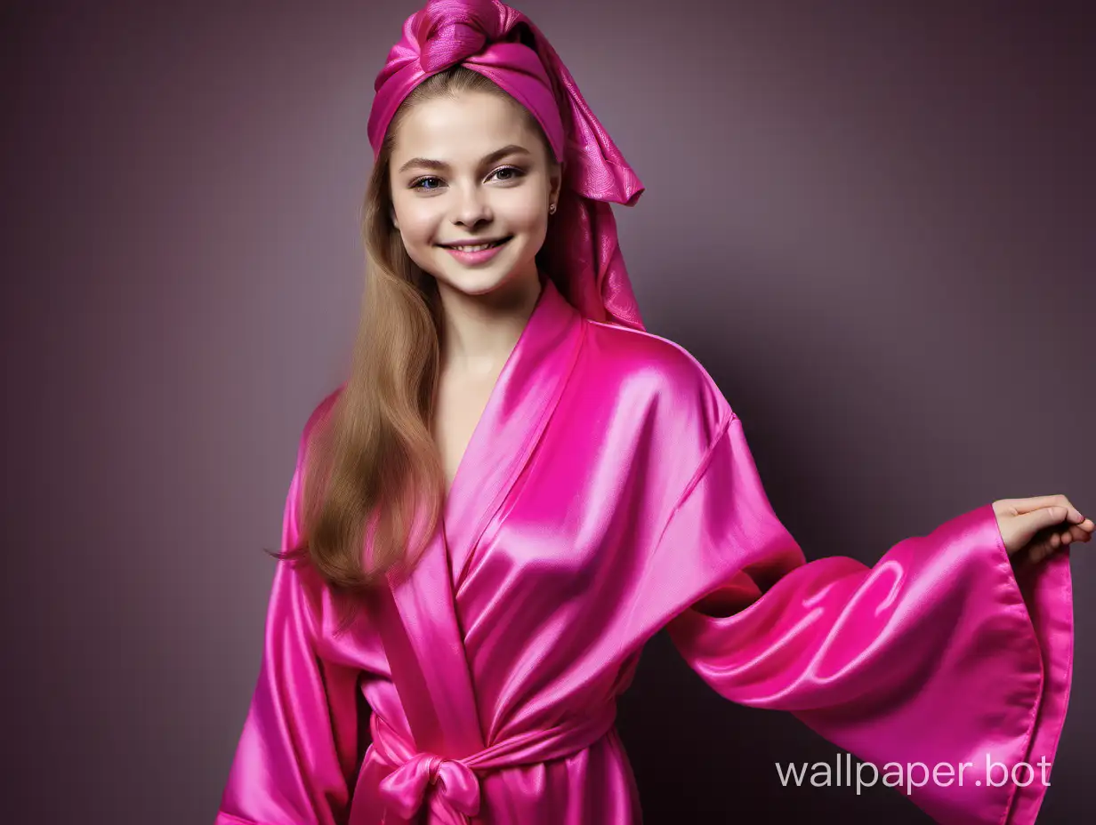 Elegant Yulia Lipnitskaya with long silky hair Smiling in Pink Fuchsia Silk Robe with Pink fuchsia Silk TowelTurban