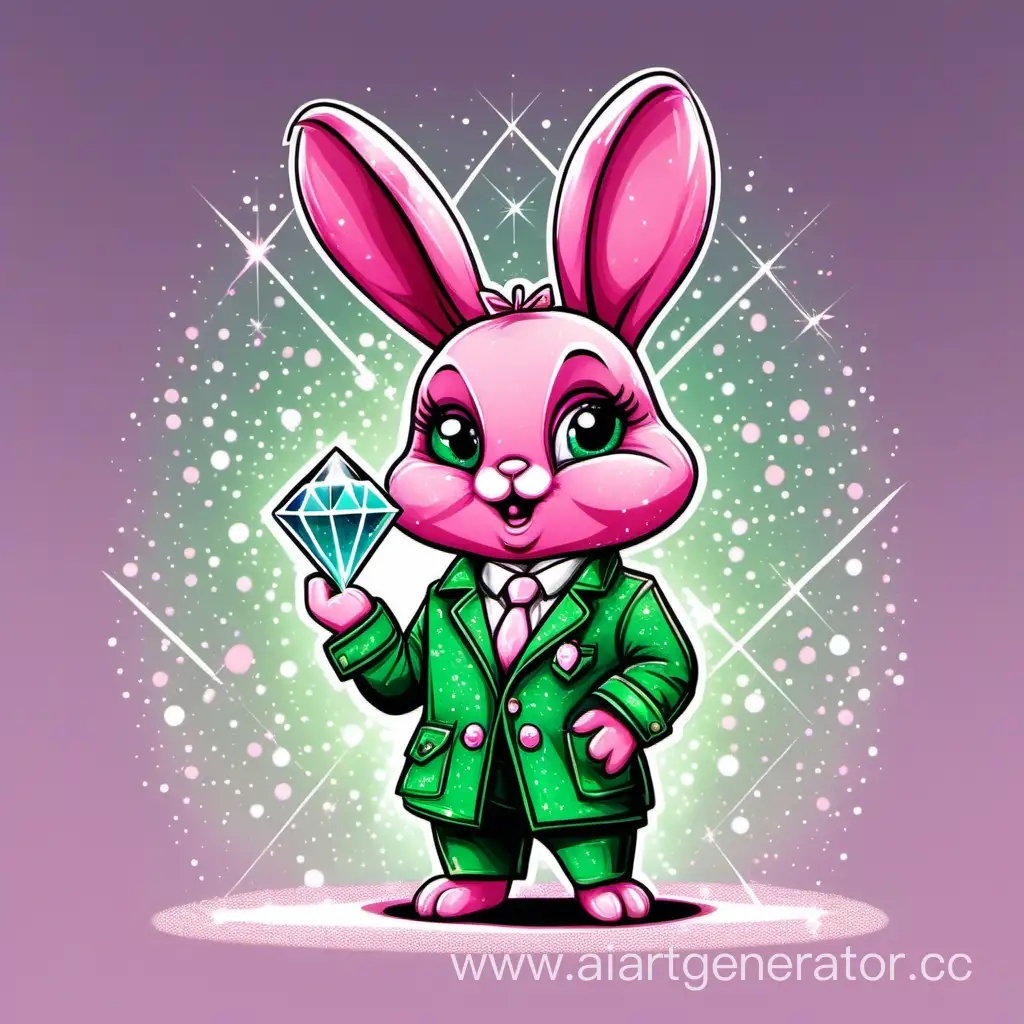 Whimsical-Pink-Bunny-Wearing-Green-Jacket-with-Sparkling-Diamond
