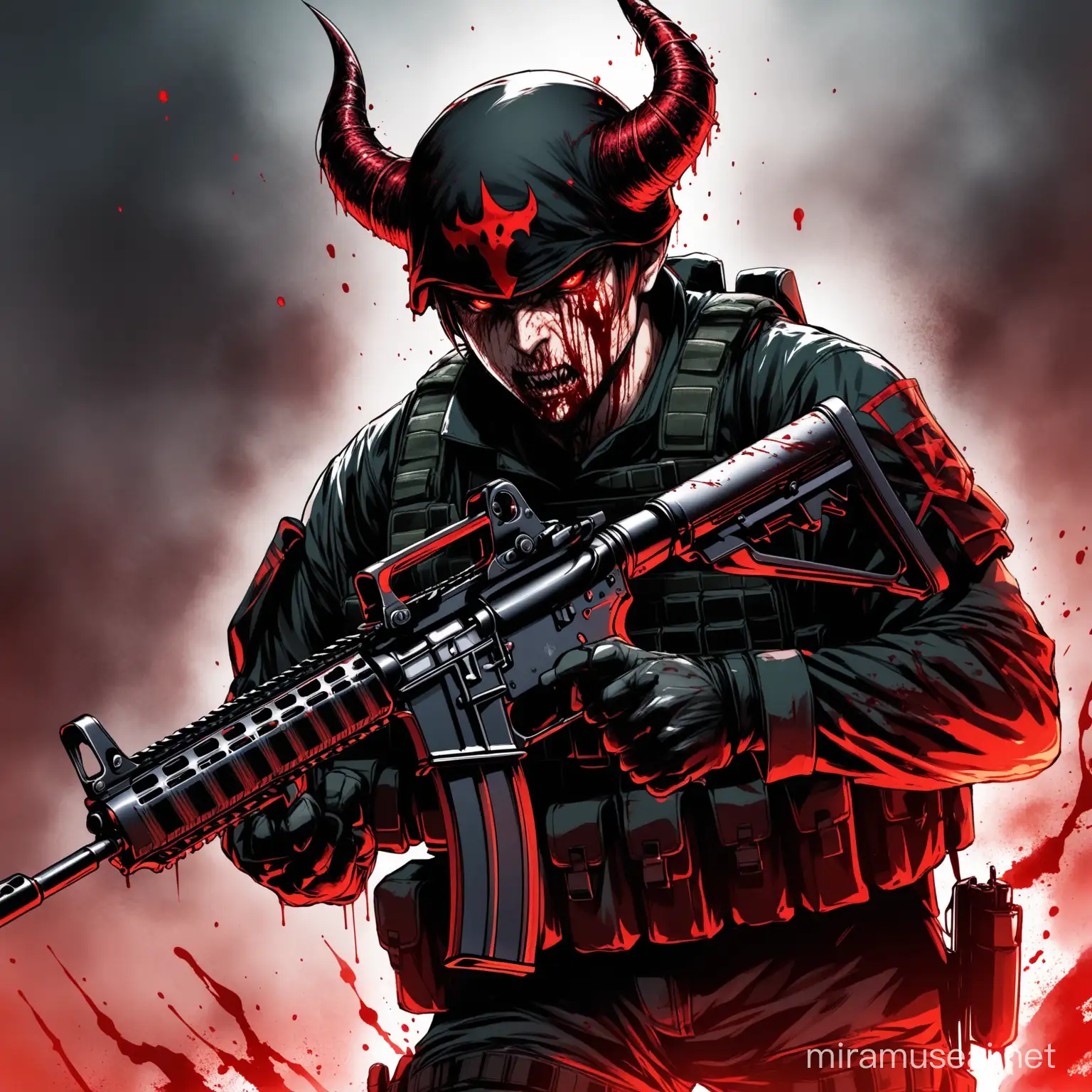 Soldier, Demon horns, blood, red eyes, holding assault rifle 