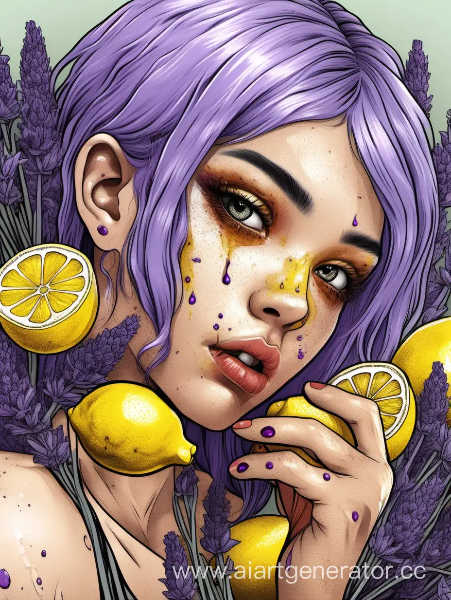 девушка с сиреневыми волосами, шрамами на лице на щеке и с лимонами