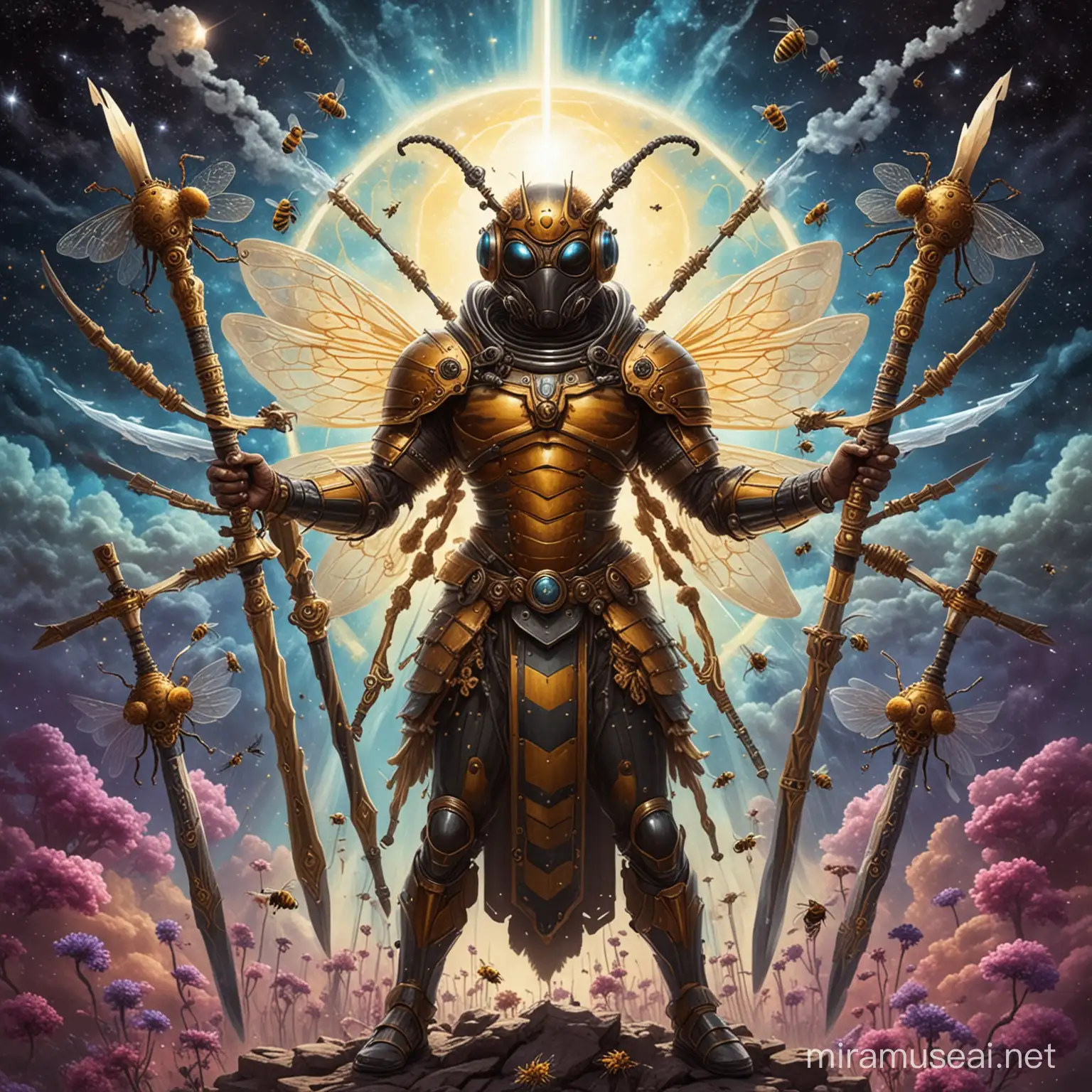 Create a tarot card that has 10 of swords energy and 10 honeybees with sharp stingers as the swords and an Afro-Indigenous King Drone bee in the center with 10 arms holding the swords. The background is cosmic with portals opening