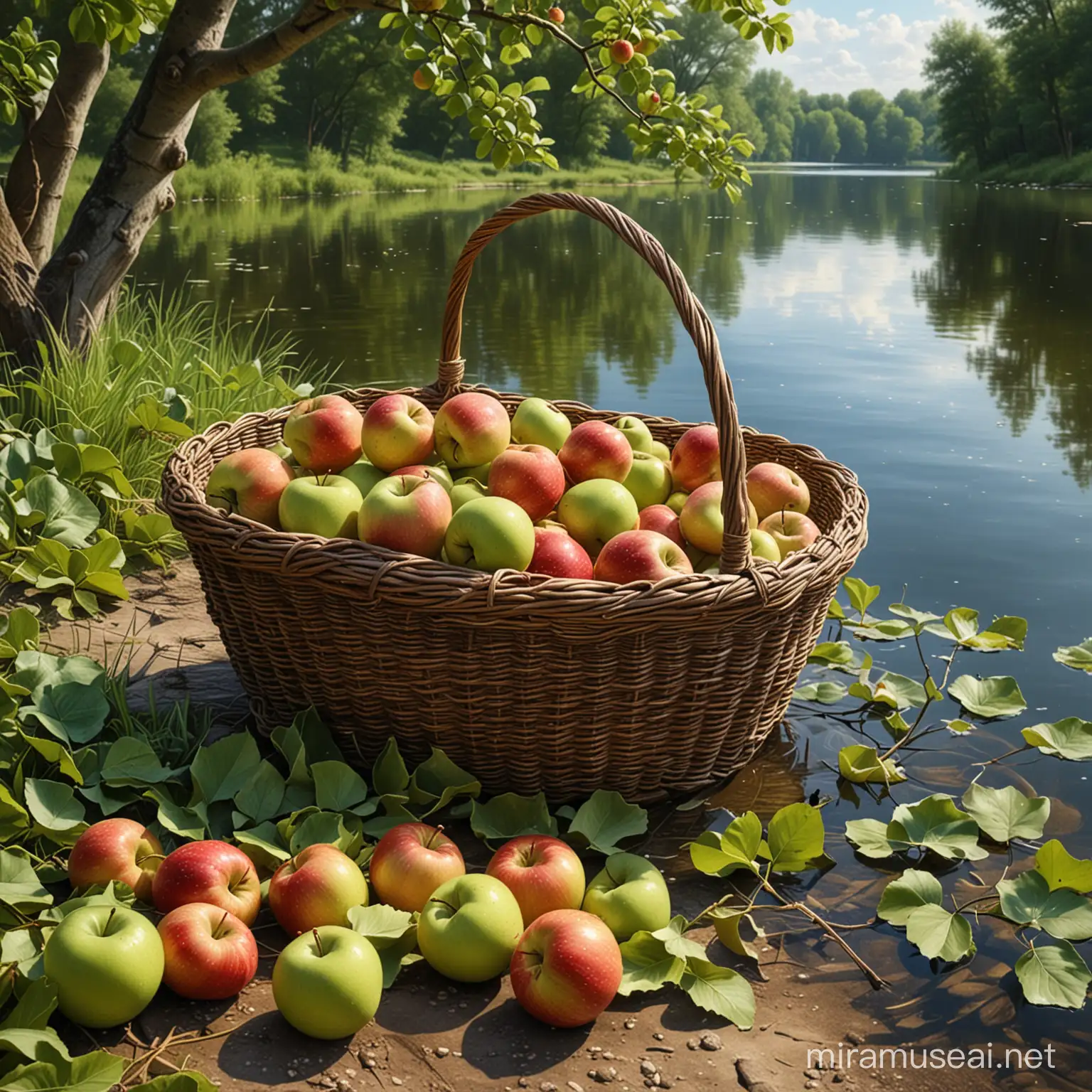 a realistic painting, breathtaking nature, green nature, lake, a small basket of apples, ultra detailed, high resolution, realistic measurments