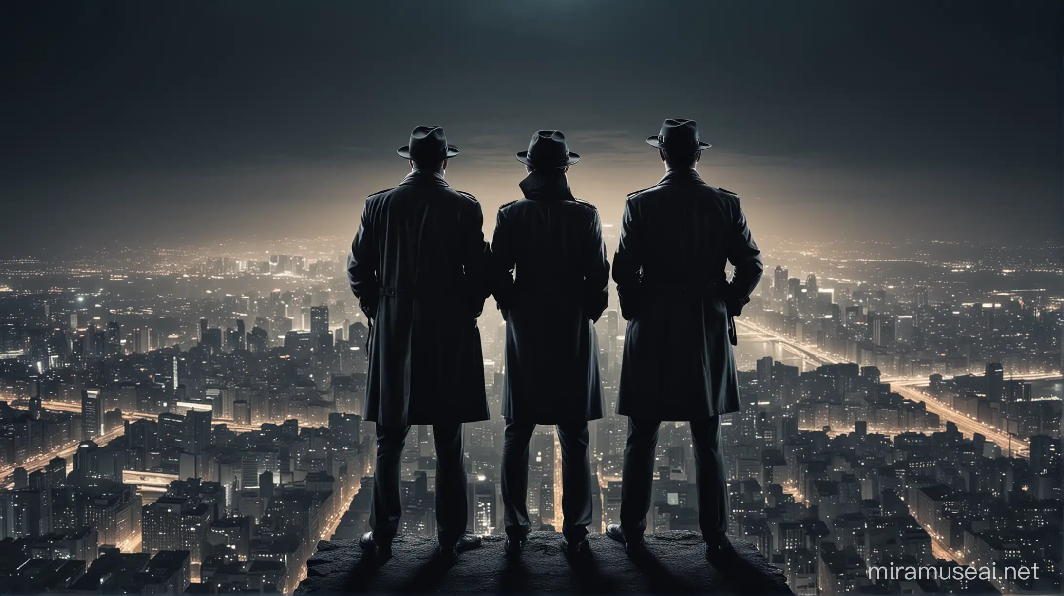 two detectives watching the city at night from the top. Make an image from there backside.