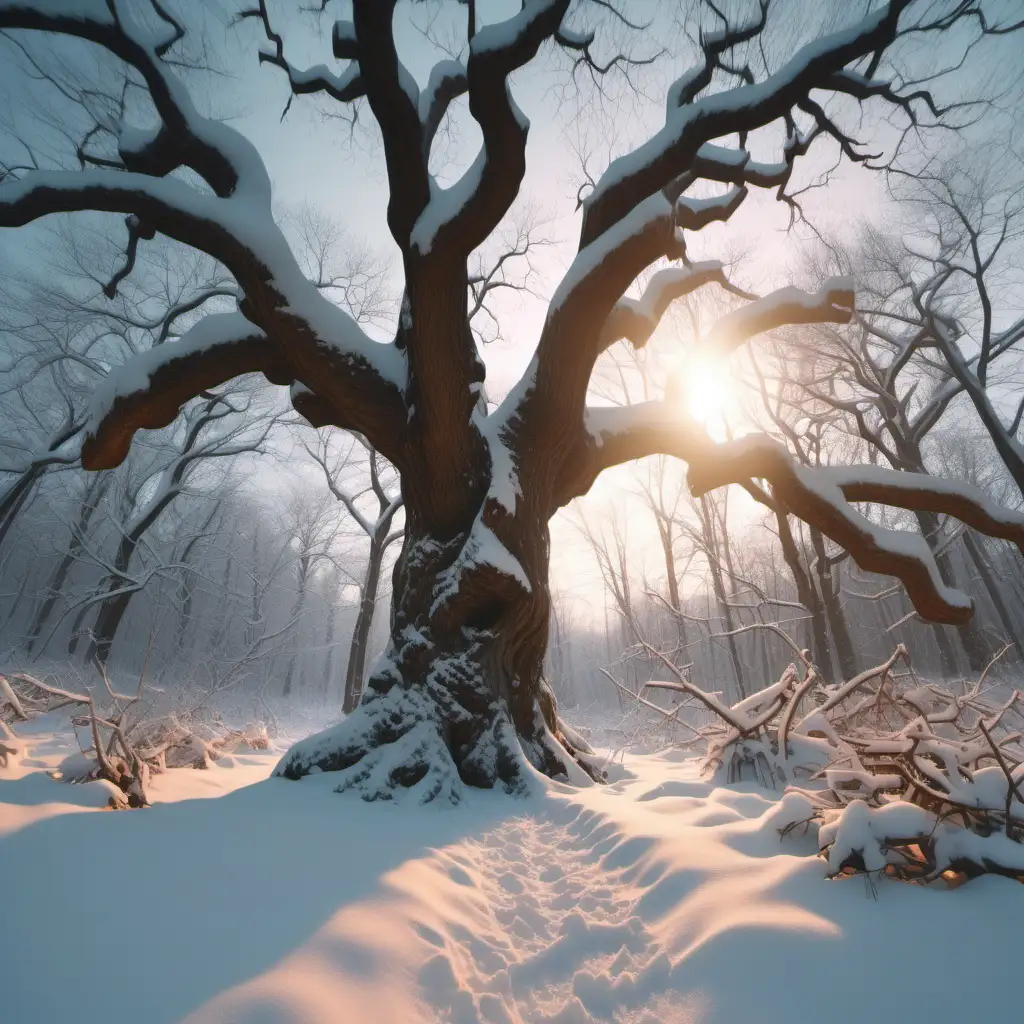 create hyped snow landscape with old oak tree, backpack standing up the tree, footsteps in the snow, orange light, forest, 1080p resolution, ultra 4K, volumetric light, high quality