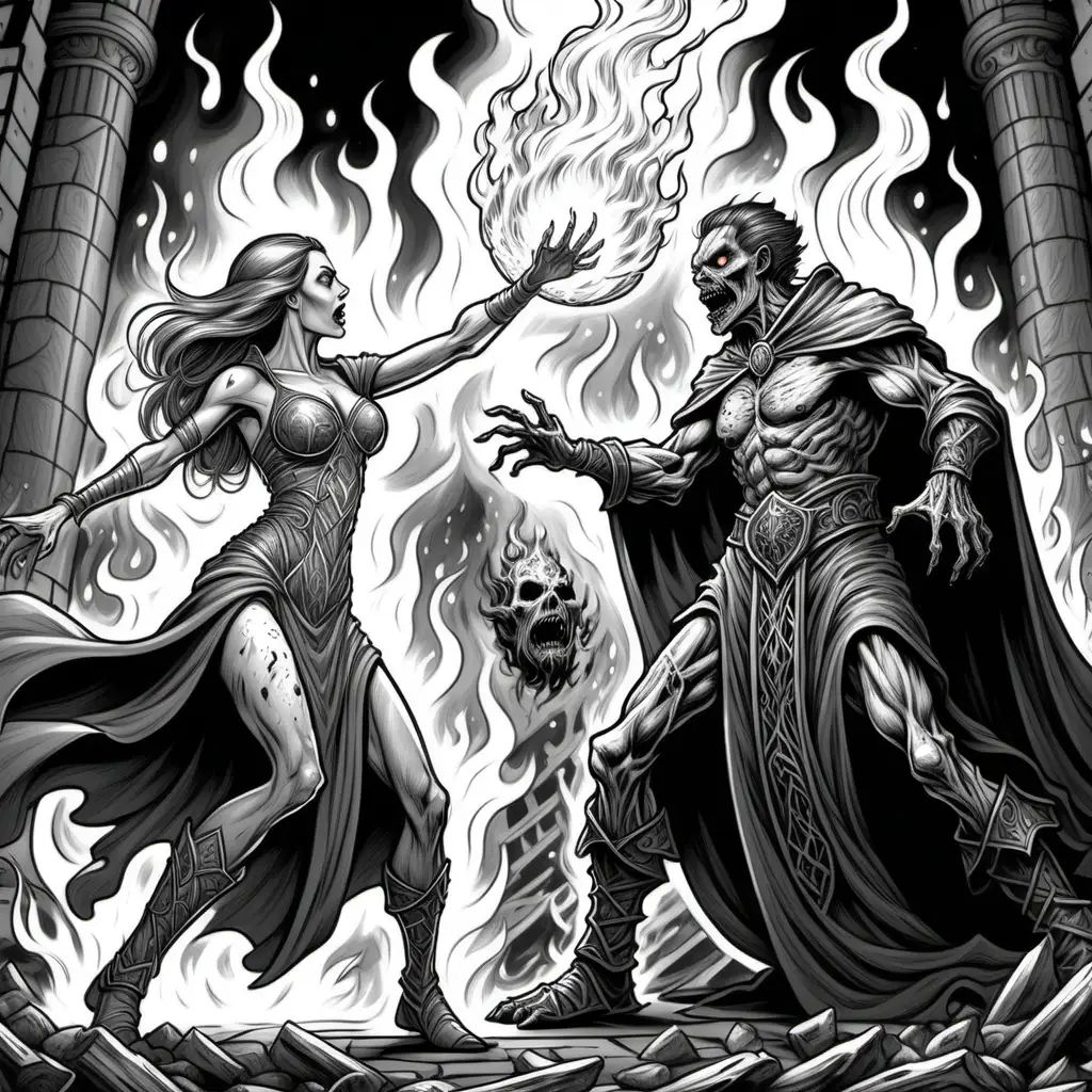 adult coloring book, black and white, high detail D&D art, fantasy end boss battle scene. Side view of lone beautiful female enchantress dressed in intricate arcane robes throwing a fireball at a large, muscular male zombie, engulfing him in flames.