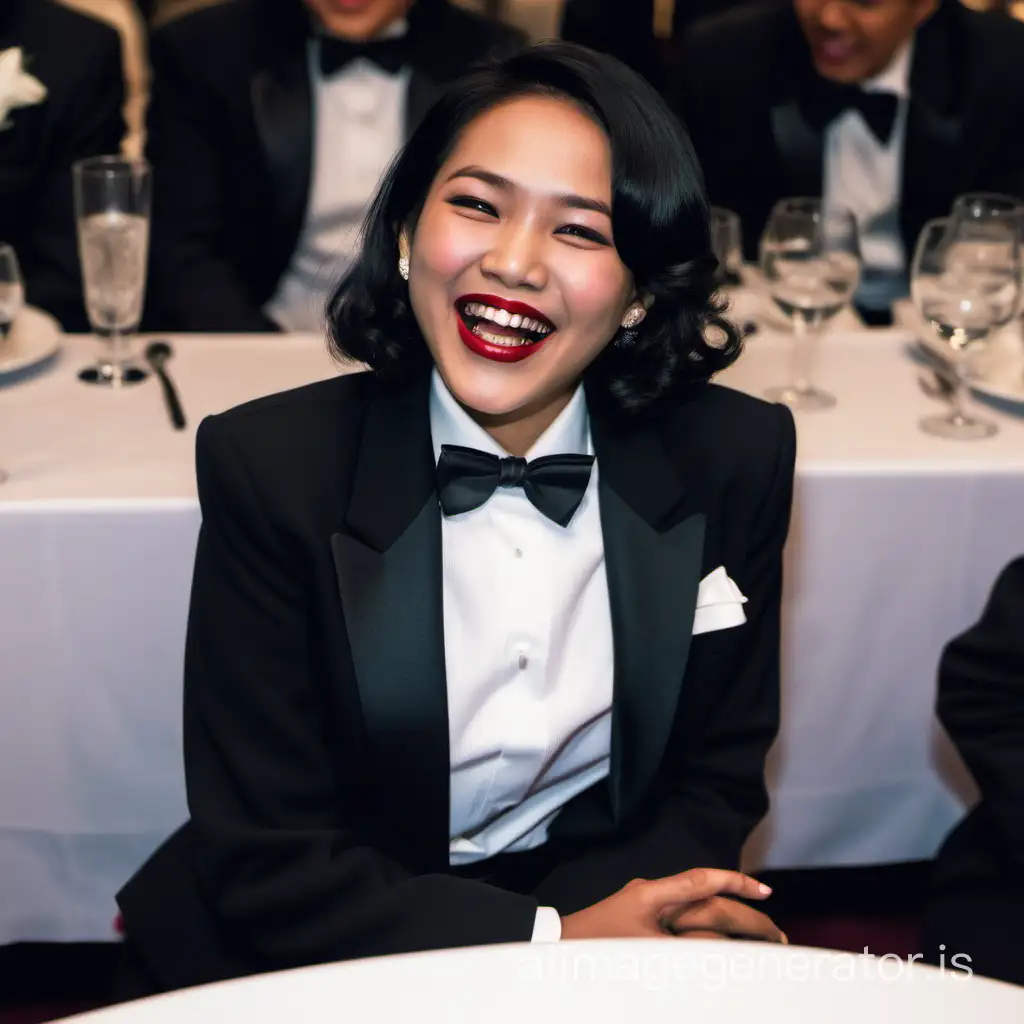 The image is of photographic quality. An Indonesian woman with shoulder-length hair and lipstick is seated at a table. She is wearing a black tuxedo jacket with a white shirt and a black bow tie. The shirt cuffs have cufflinks. She is smiling and laughing. She has her hands under her chin.