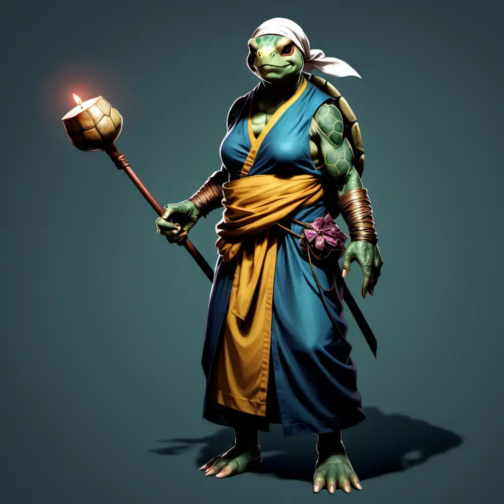 Full body shot DND 5e female Tortle way of mercy monk with a headband