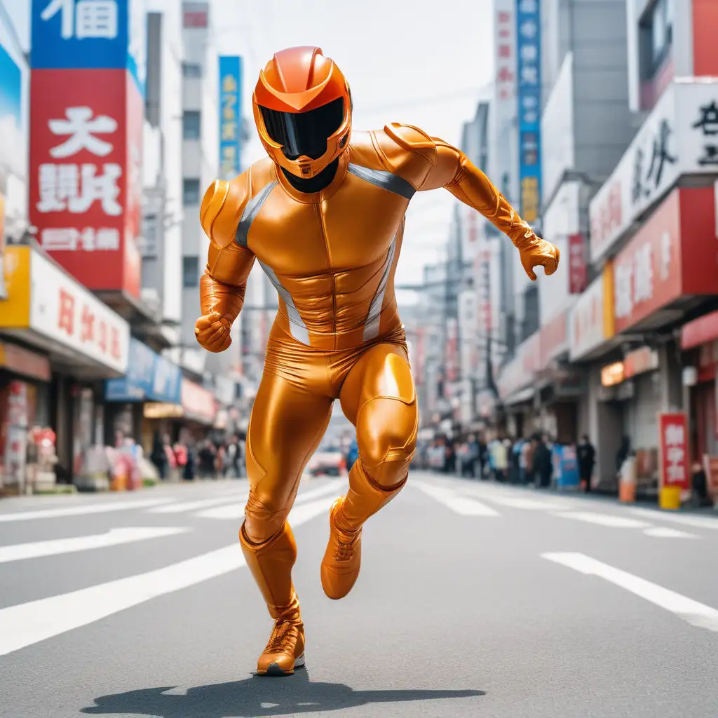 muscular man, full body amber skintight suit, amber closed sentai helmet with visor, high speed sprinting, shooting amber energy blast, street, Japan, day