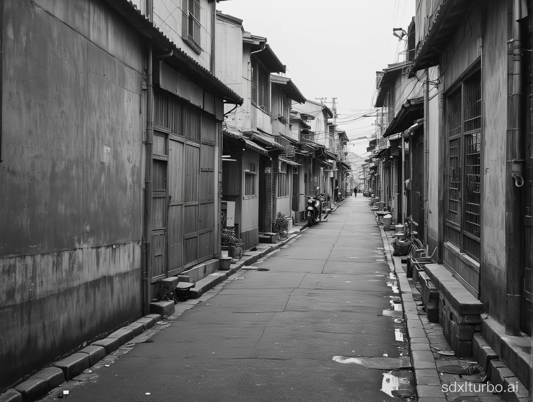 In the 1960s, there were wide alleys in Keelung, Taiwan. The houses in the alleys were all low-rise (two-story) houses. At one end of the alley, you could see another street in the distance. There were two rice shops selling rice in the alley (the two rice shops were arranged in a row), there are children playing in the alley, the camera is from a low angle, and the light is refreshing on a cloudy day, giving it a retro cinematic feel.