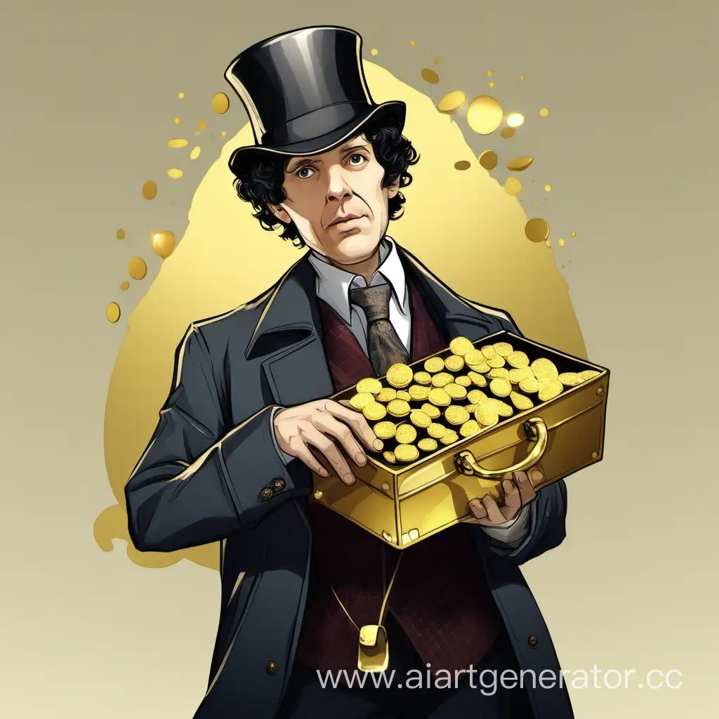 Sherlock Homs in a hat with a bag of gold in his hands