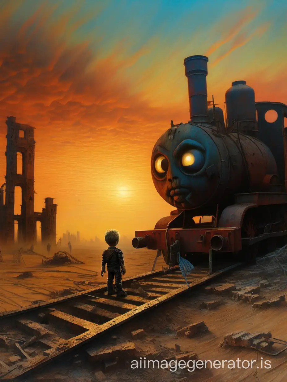 PostApocalyptic-Scene-with-Thomas-the-Tank-Engine-in-Beksinskiinspired-Sunset