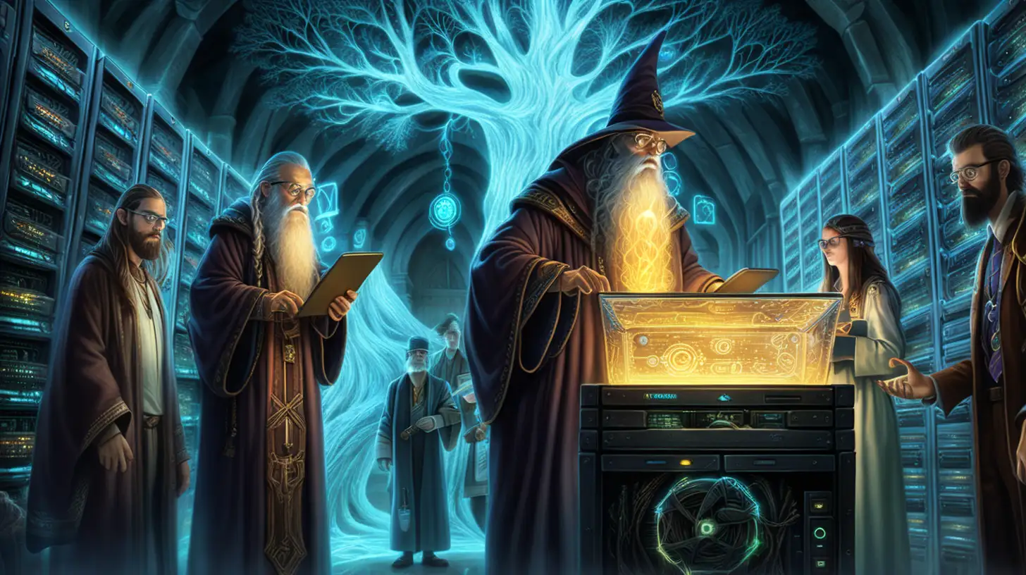 Young Academics Present Glowing Digital Data to Ancient Wizard in Enchanted Server Room