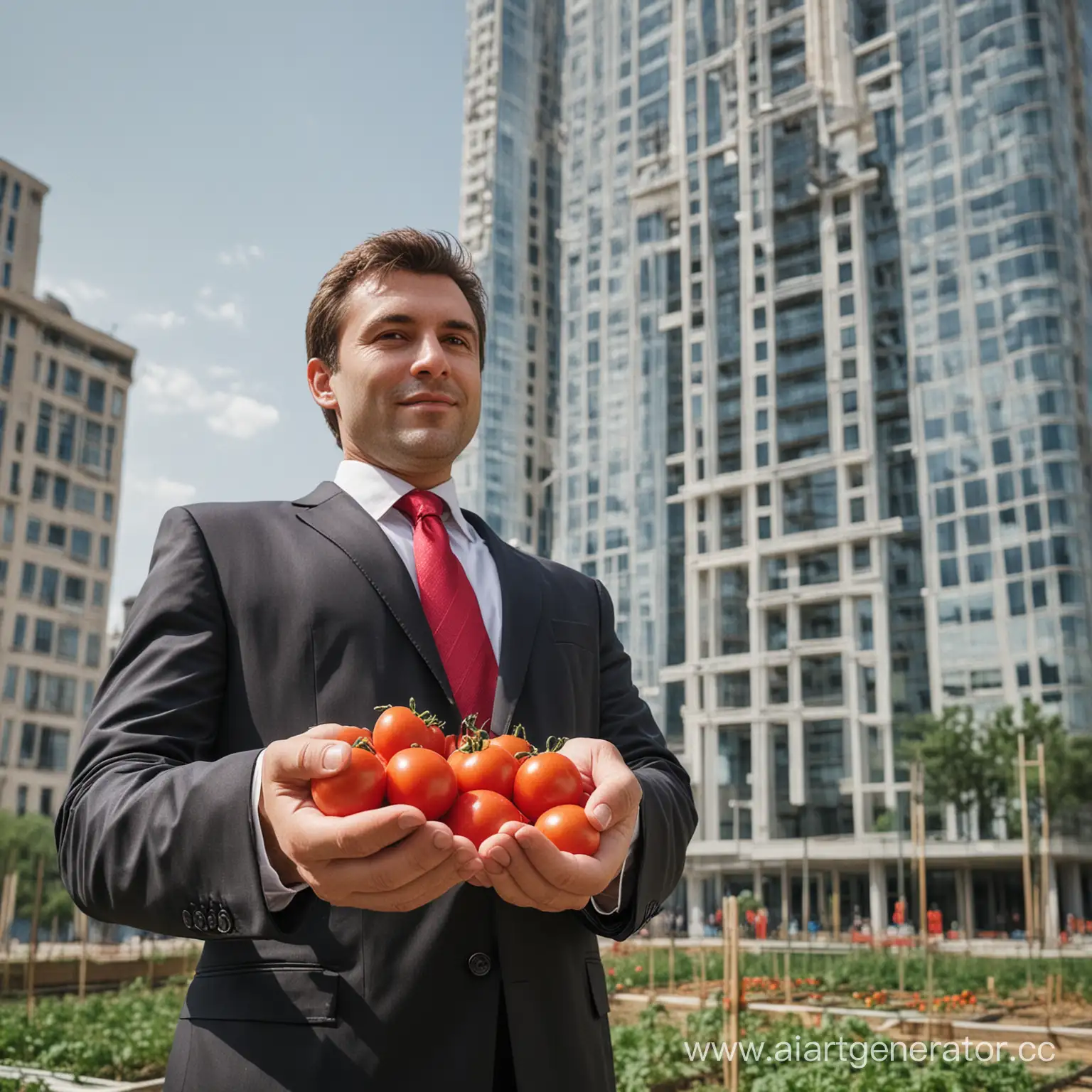 бизнесмен, держит помидоры в руках, хорошее качество, здание на фоне, высокое здание