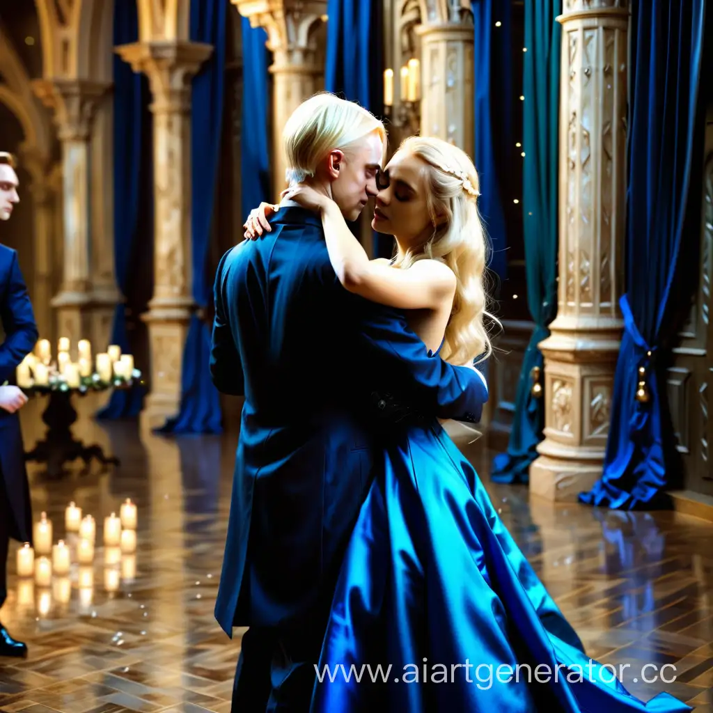 a beautiful blonde young woman in a beautiful blue open dress stands in an embrace with Draco Malfoy in a suit, evening, ball, expensive hall, dancing, champagne
