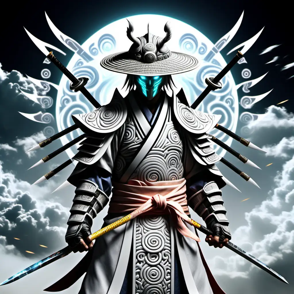 high definition simulation of a video game world boss character creation screen with cyberpunk Samurai ninja, Straw hat helmet Air Bender Jinjuriki with armored robe and cloud symbol eyeballs With glowing elemental wind fists wearing a beautiful wind kimono with white Silver black and white sacred geometry and armored shoulder guards with large spikey cloud hair With glowing magic fists wearing a beautiful flowing wind kimono with whites ivory casting wind spells from his hands Japanese clouds black and grey whites grays and light colors sacred Cloud geometry and armored shoulder guards gourde