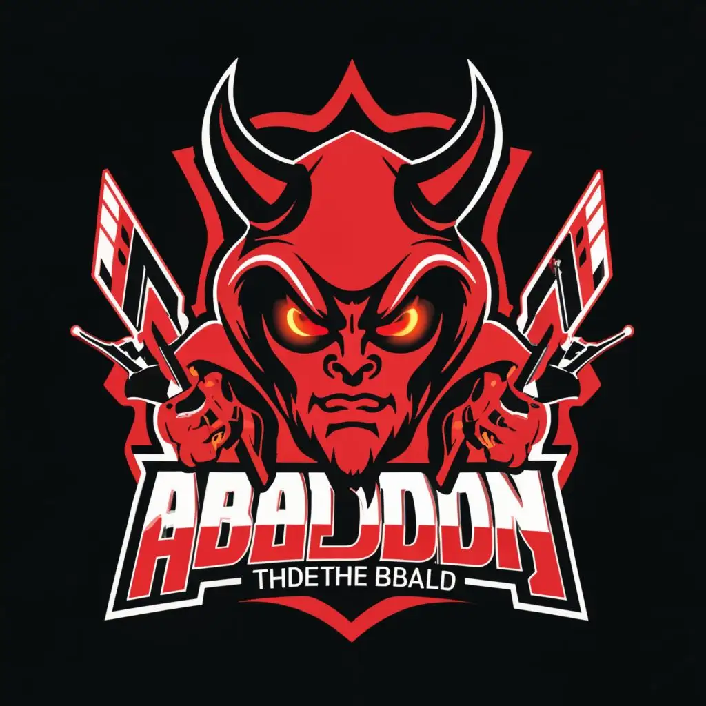 logo, full body red devil wearing a black hoodie red glowing eyes looking straight with a gun on right side of hoodie, with the text "ABADDONTHEBALD", typography, be used in Technology industry