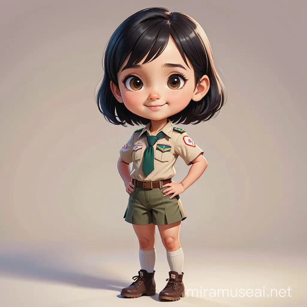 a happy female kid have 9 years old , have a very very short black hair , big dark brown eyes, round face , light skin , scout uniform, show the full body of her. cartoon type .


