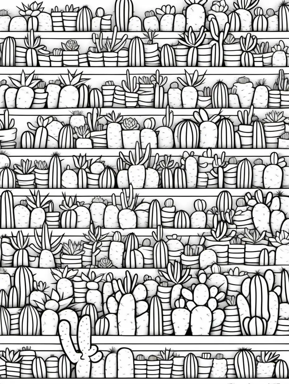 coloring page, simple cactus
 repeating pattern, black and white, no shadows