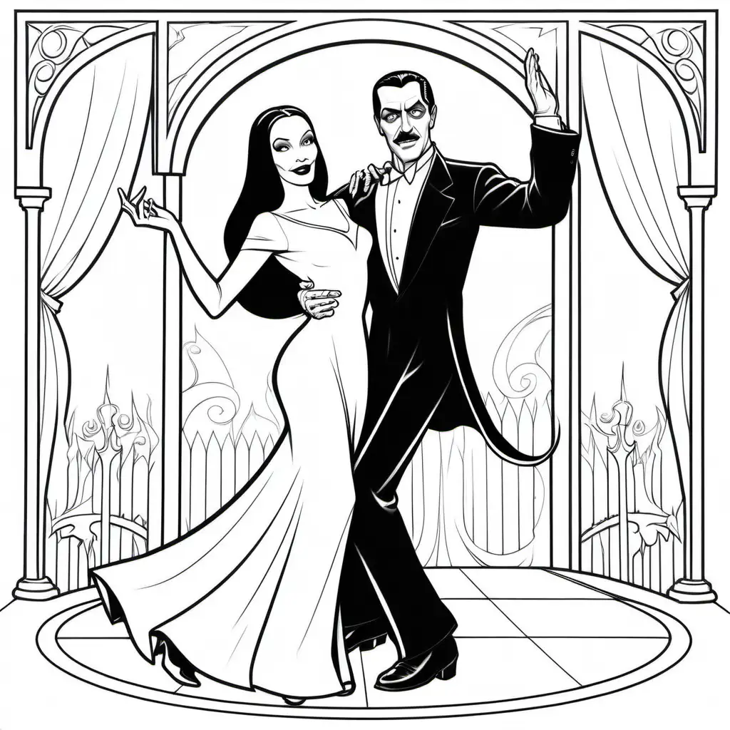 a simple black and white coloring book outline of Gomez and Morticia Addams dancing, for coloring
