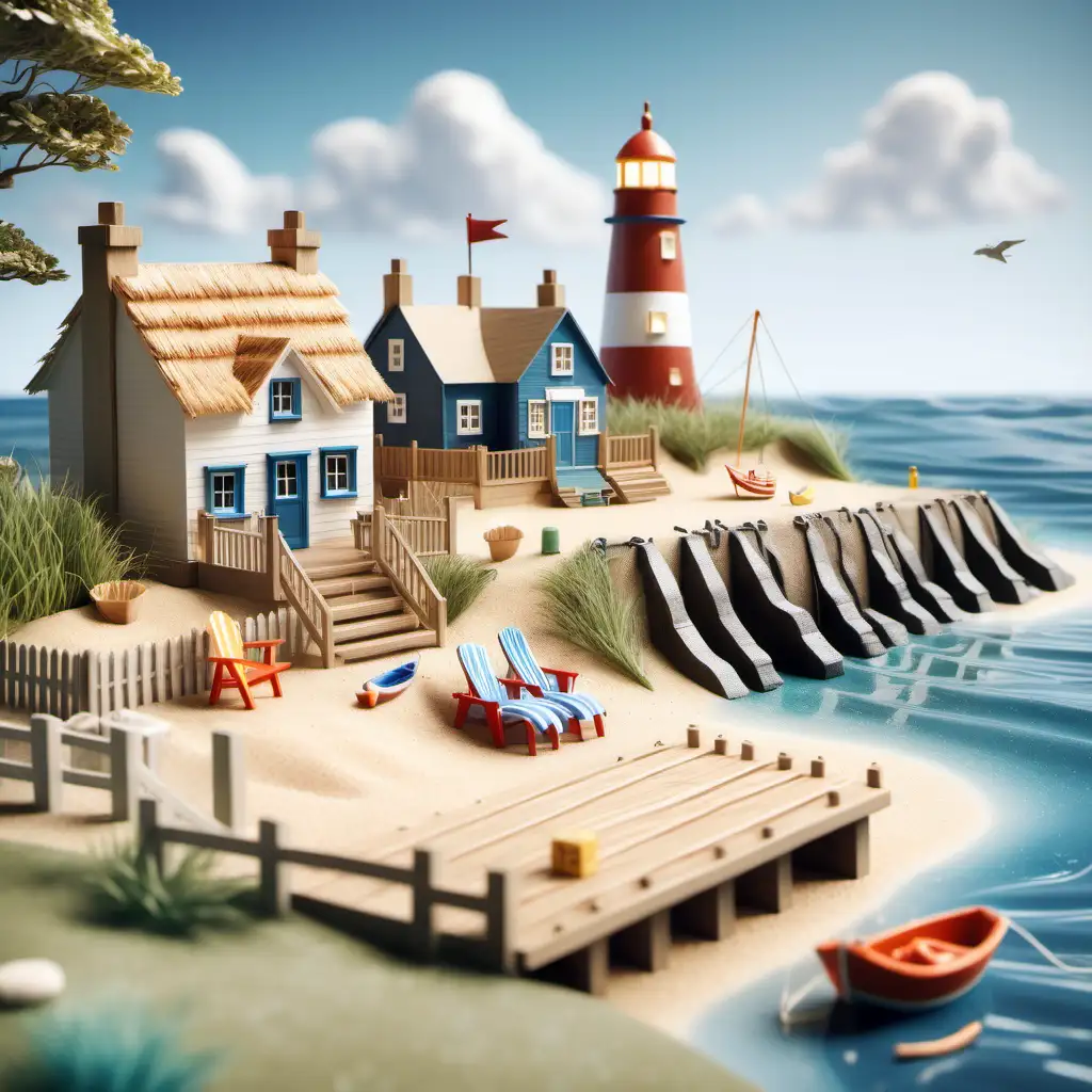 Create An idyllic coastal village by the sea. The scene includes quaint cottages with thatched roofs, a sandy beach with gentle waves, and a small pier with fishing boats. In the background, a lighthouse, and two deck chairs in the forfront.