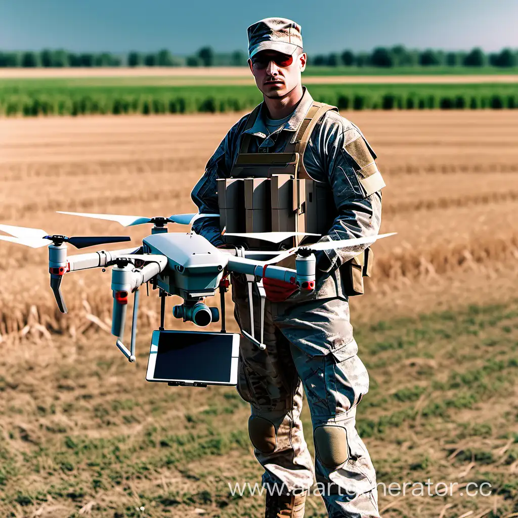 солдат, стоящий с пультом управления БПЛА на фоне поля. Дрон находится перед ним на высоте 2 метра над землей. Цвет дрона - красный